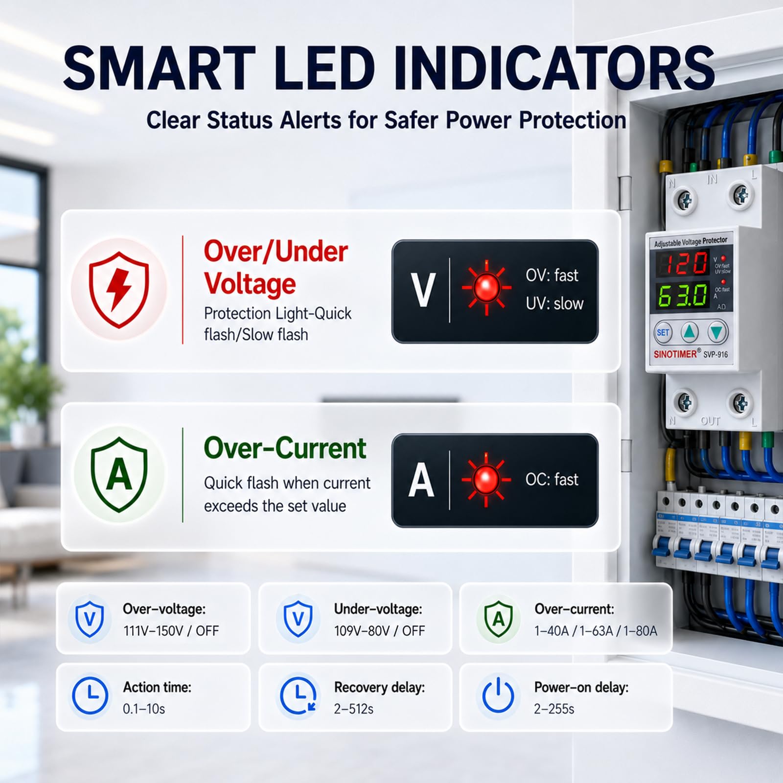 Protección contra sobrecorriente y bajo voltaje con reinicio retardado 63 A, protección de tensión, 230 V, pantalla LED doble, protección contra restablecimiento de tensión