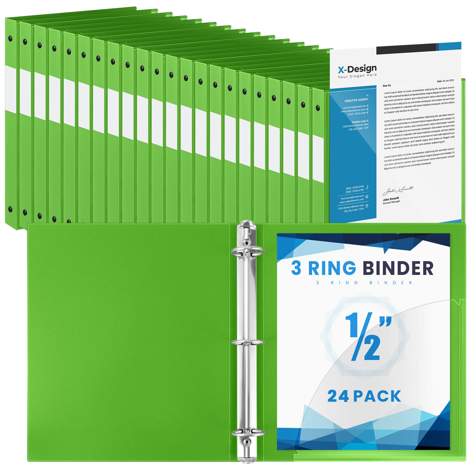 Henoyso 24 Pack 1/2 Inch 3 Ring Binder with Clear Cover Fit Letter Size 8.5" x 11" Paper Holds 140 Sheets, Bulk Binders for Organizing School, Office &amp; Classroom Documents, 1 Pocket (Tender Green)
