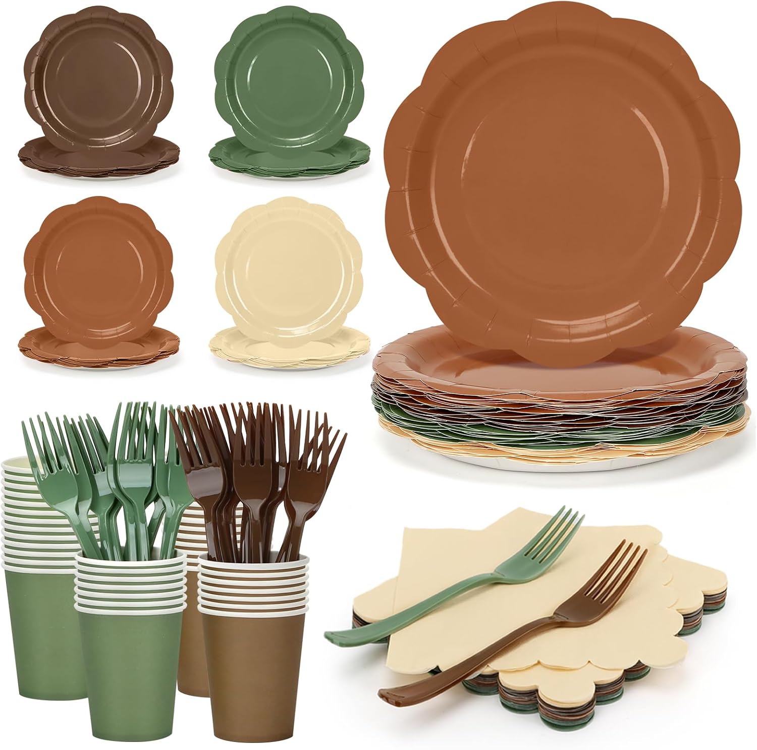 192Pcs Woodland Plates and Napkins Party Supplies, 9’’ Disposable Scalloped Sage Green and Brown Paper Plates, Woodland Baby Shower Party Decorations for Birthday, Animals Safari Party, Serves 48