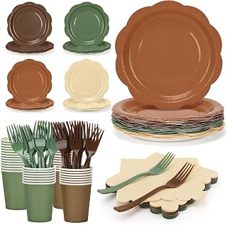 192Pcs Woodland Plates and Napkins Party Supplies, 9’’ Disposable Scalloped Sage Green and Brown Paper Plates, Woodland Baby Shower Party Decorations for Birthday, Animals Safari Party, Serves 48