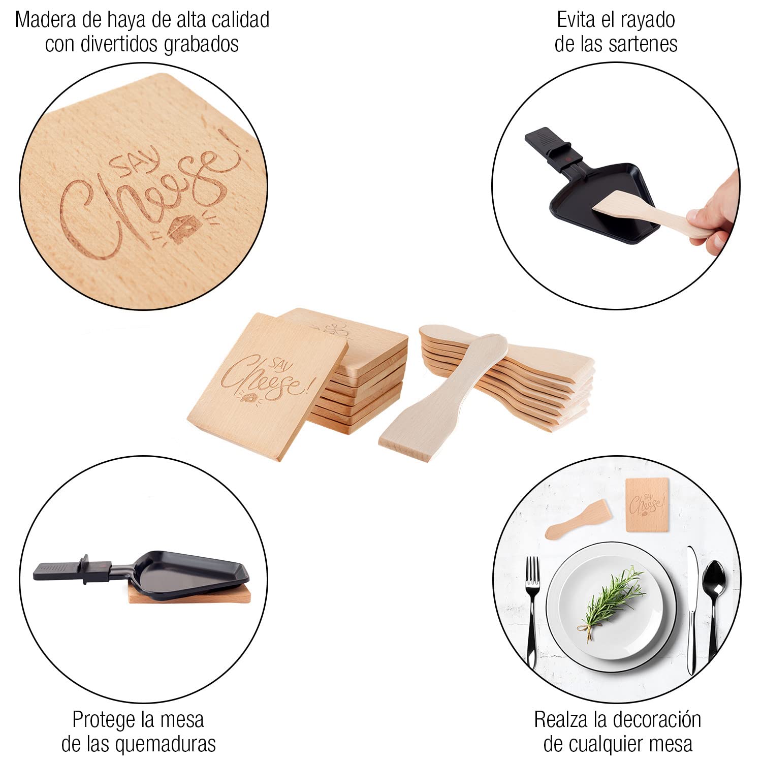 Amazy Kit de Accesorios para raclette (16 Piezas) con 4 Divertidos Motivos Que Incluyen un Libro electrónico Gratuito - 8 raspadores para raclette y 8 Posavasos para Accesorios de raclette