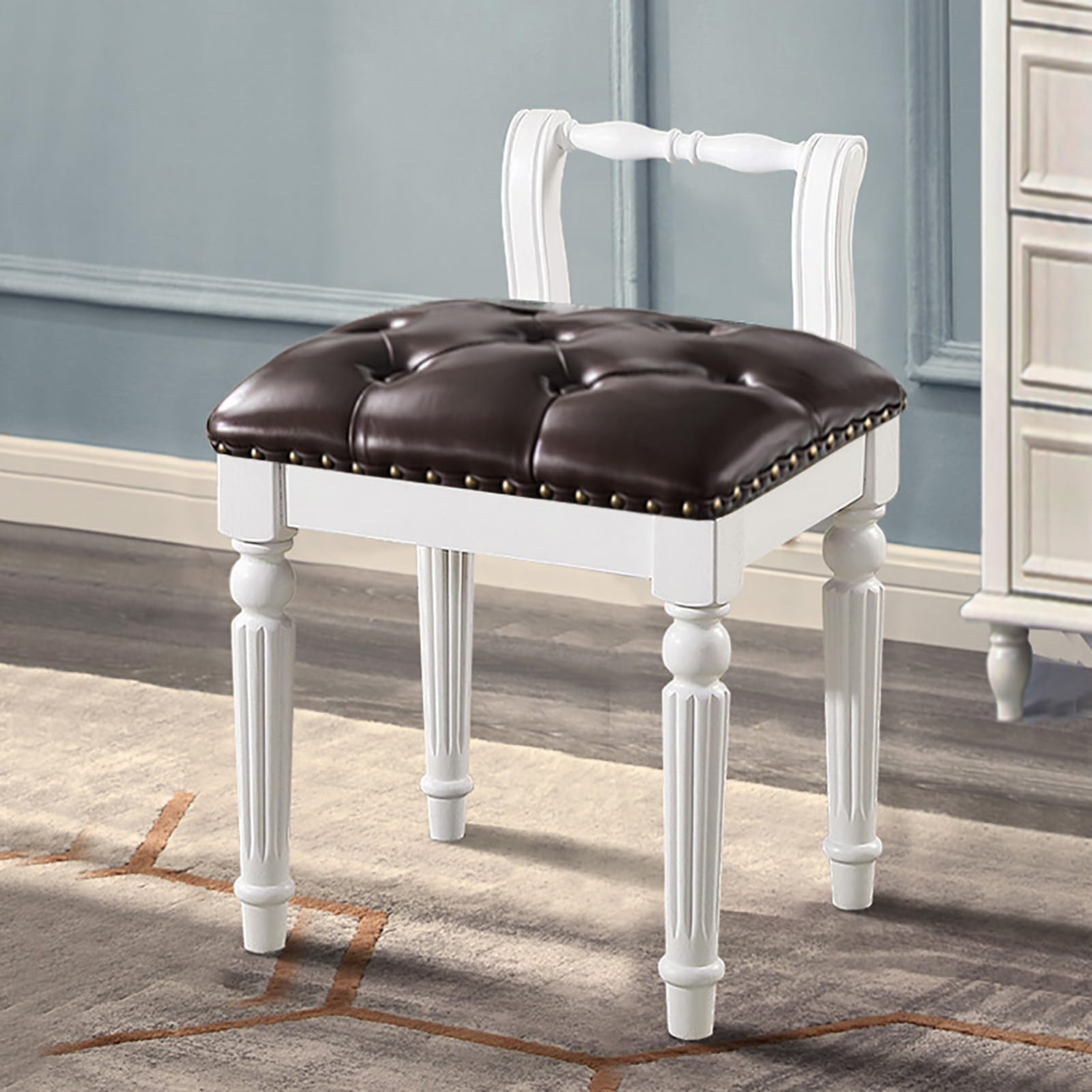GHFXSCV PU Leather Makeup Stool with Cushion, Vintage Upholstered Entryway Bench, Solid Wood Legs Shoe Rack, Footrest for Bedroom & Living Room (35 x 40 x 45 cm)