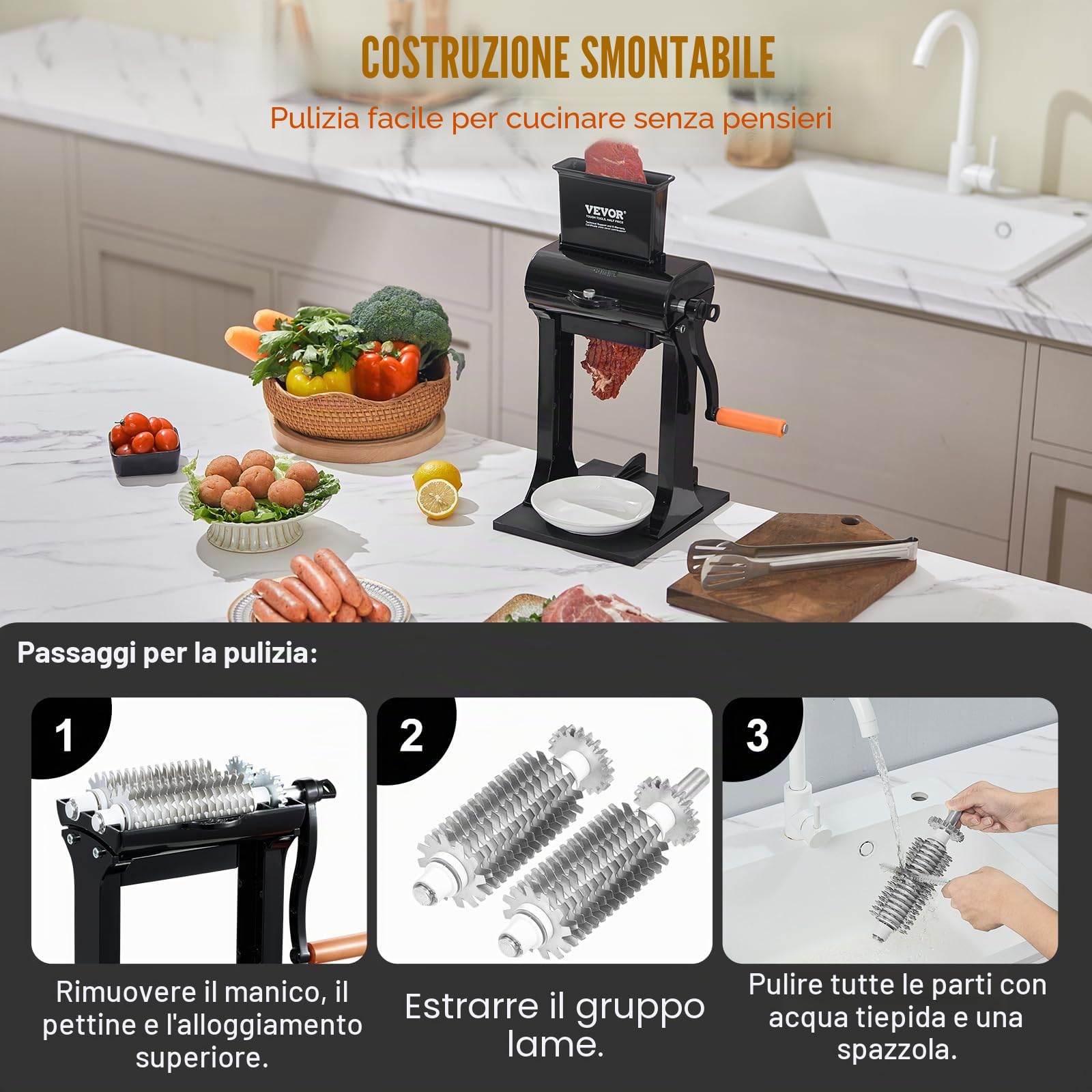 VEVOR Batticarne Manuale in Acciaio Inossidabile Macchina per Intenerire la Carne con 31 Lame Pettini Macchina Intenetrice Manuale per Carne Tenera, Inteneritore per Manzo Cervo Cavallo Pollo Maiale