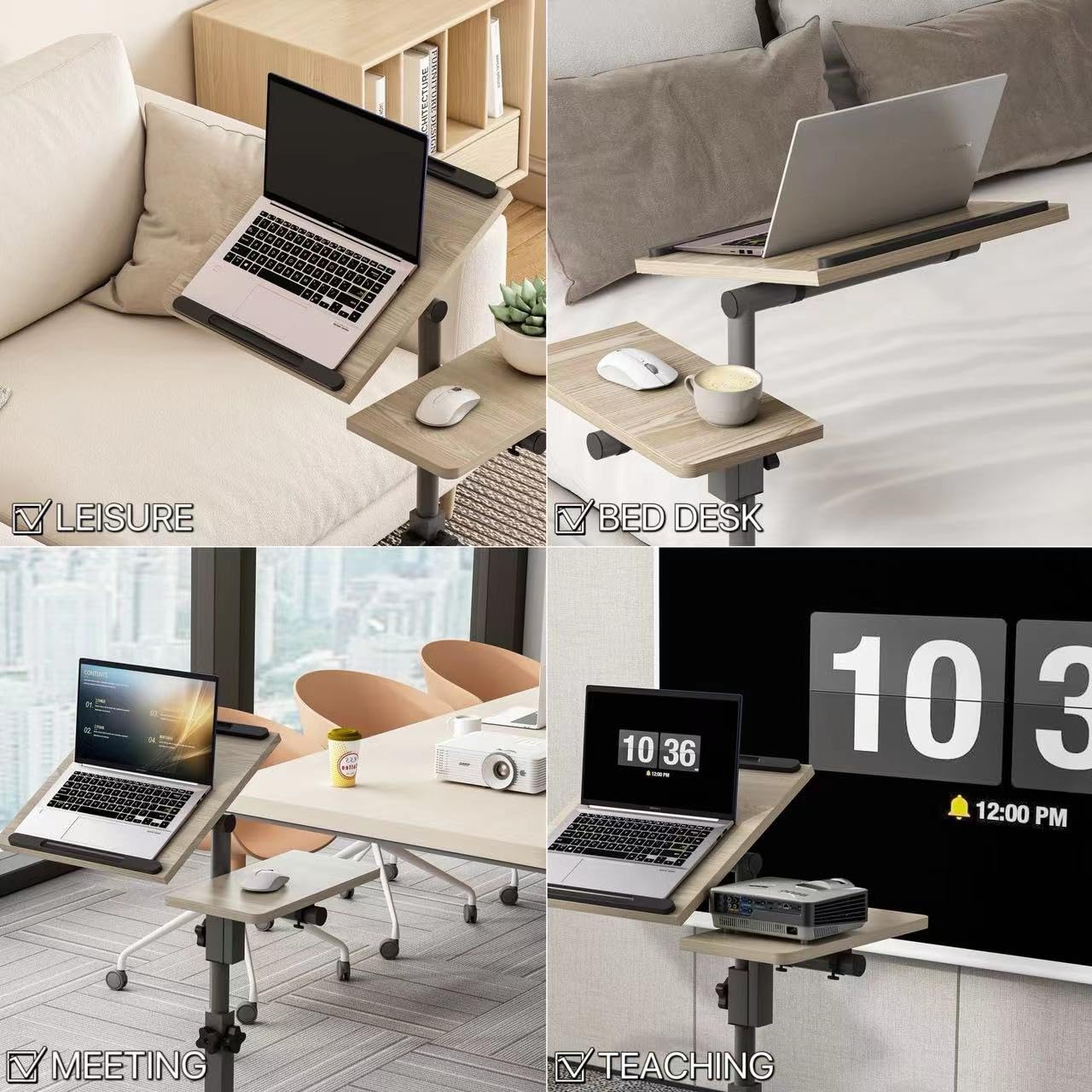 Furist Mesita de noche con bandeja rodante para laptop y carrito proyector, carrito de presentación de altura ajustable con ruedas | Mesa sobre cama con mesa inclinable (QQ-15 gris)