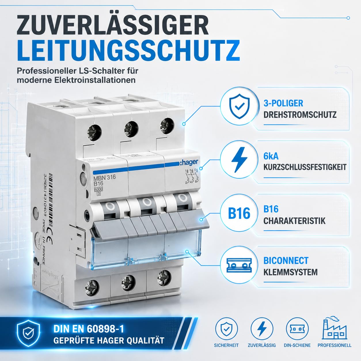 Hager Leitungsschutzschalter MBN316 3-polig B16A 6kA, LS-Schalter mit biconnect Klemmsystem, Sicherungsautomat für Drehstrom 230/400V, DIN-Schiene, 3 Module, Schutzschalter