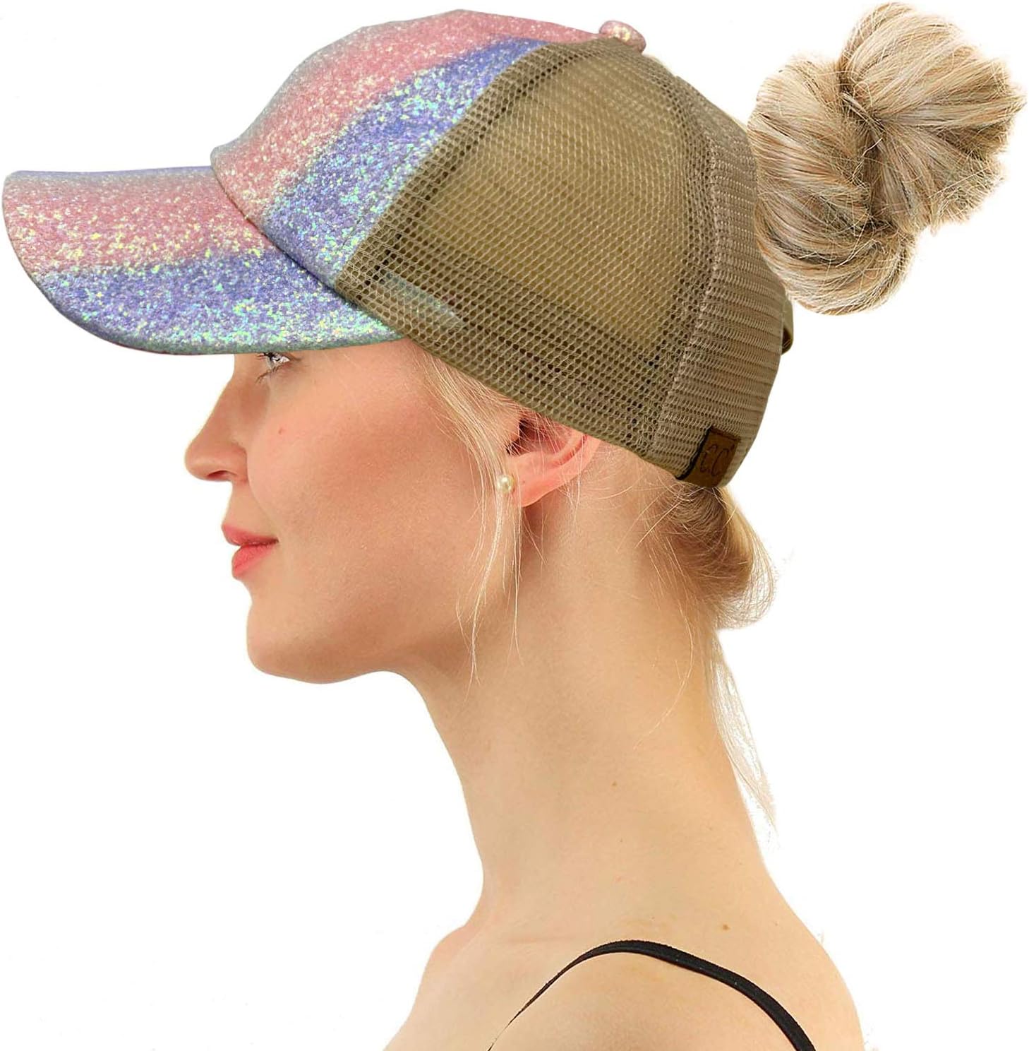 C.C Ponytail Criss Cross Messy Buns Ponycaps Baseball Cap Dad Trucker Mesh Hat (Glitter Chunky Crystal Unicorn)