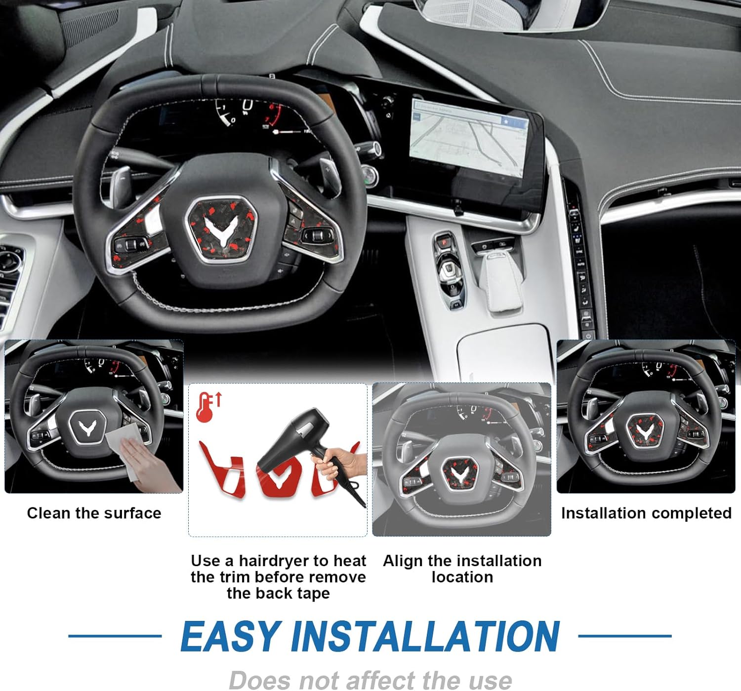 Red Forged Style Real Carbon Fiber Steering Wheel Cover Compatible with 2020-2026 Corvette C8, Interior Decor Sticker Accessories