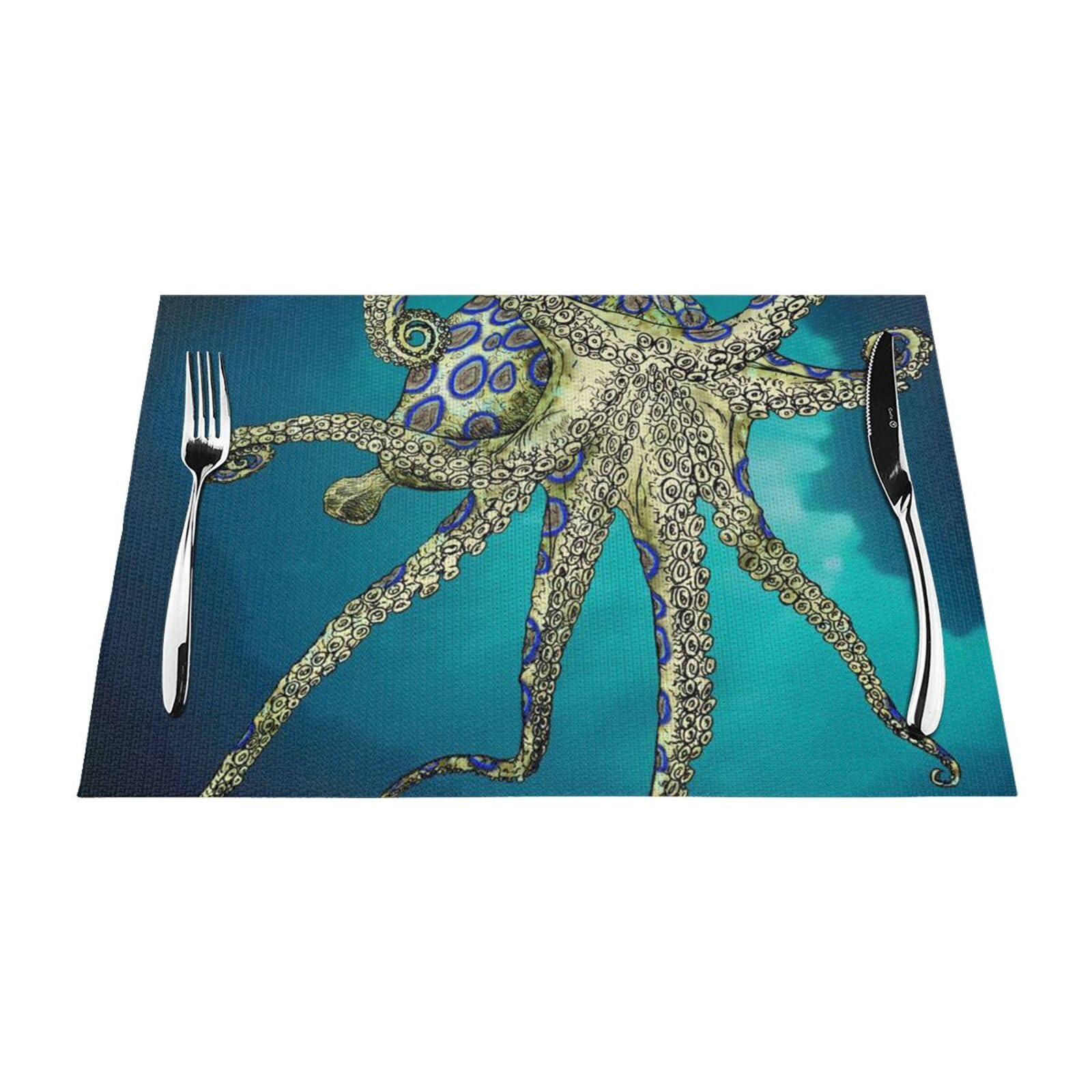PVC Placemat Set of 4 PCS, 45x30 CM, Blue Ringed Octopus Printed Non-Slip Heat Resistant Place Mats for Kitchen Dining Table Indoor Outdoor