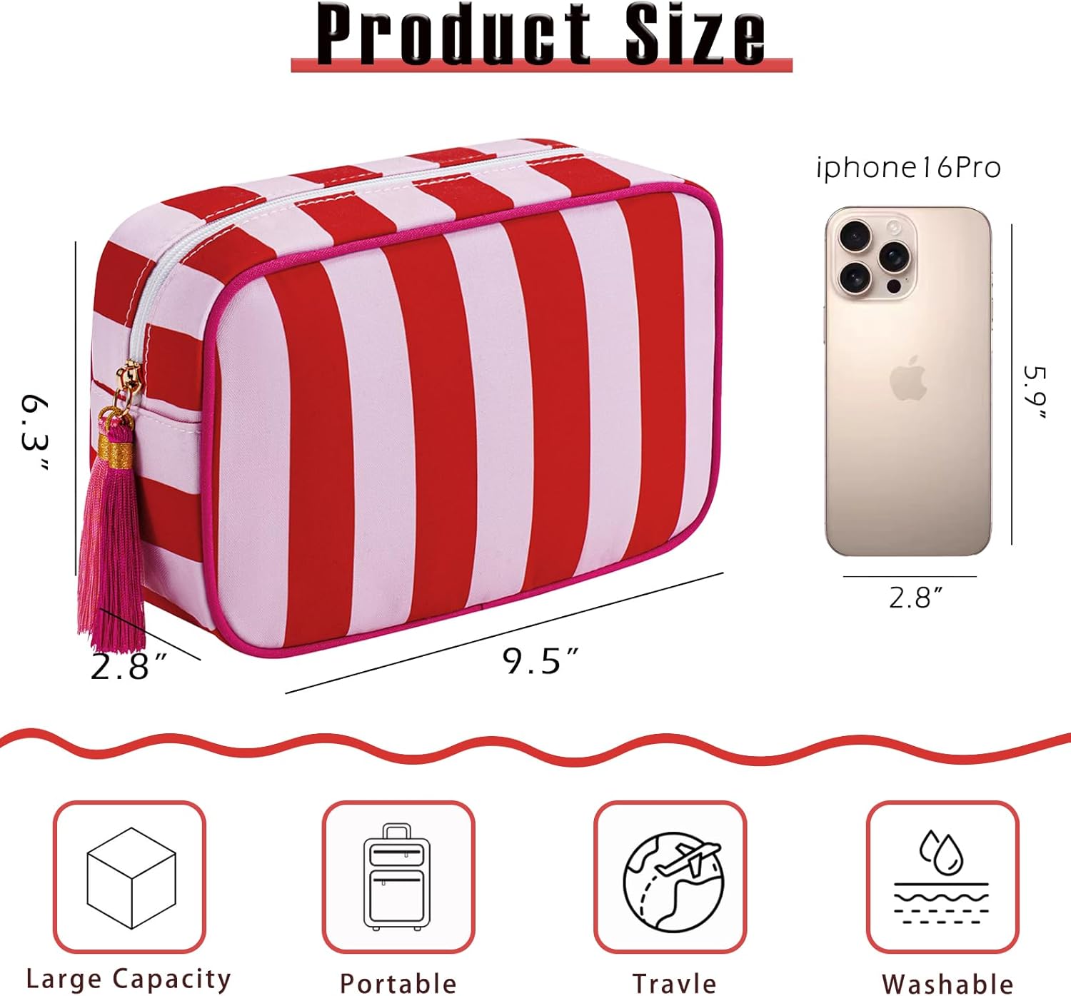 Large Stripe Canvas Zipper Makeup Bag,Aesthetic Tassel Travel Cosmetic Bag,Coquette Toiletry Bag, Girls Handbags Purses,Accessories Storage Bag for Women Girls (Red) - Image 2