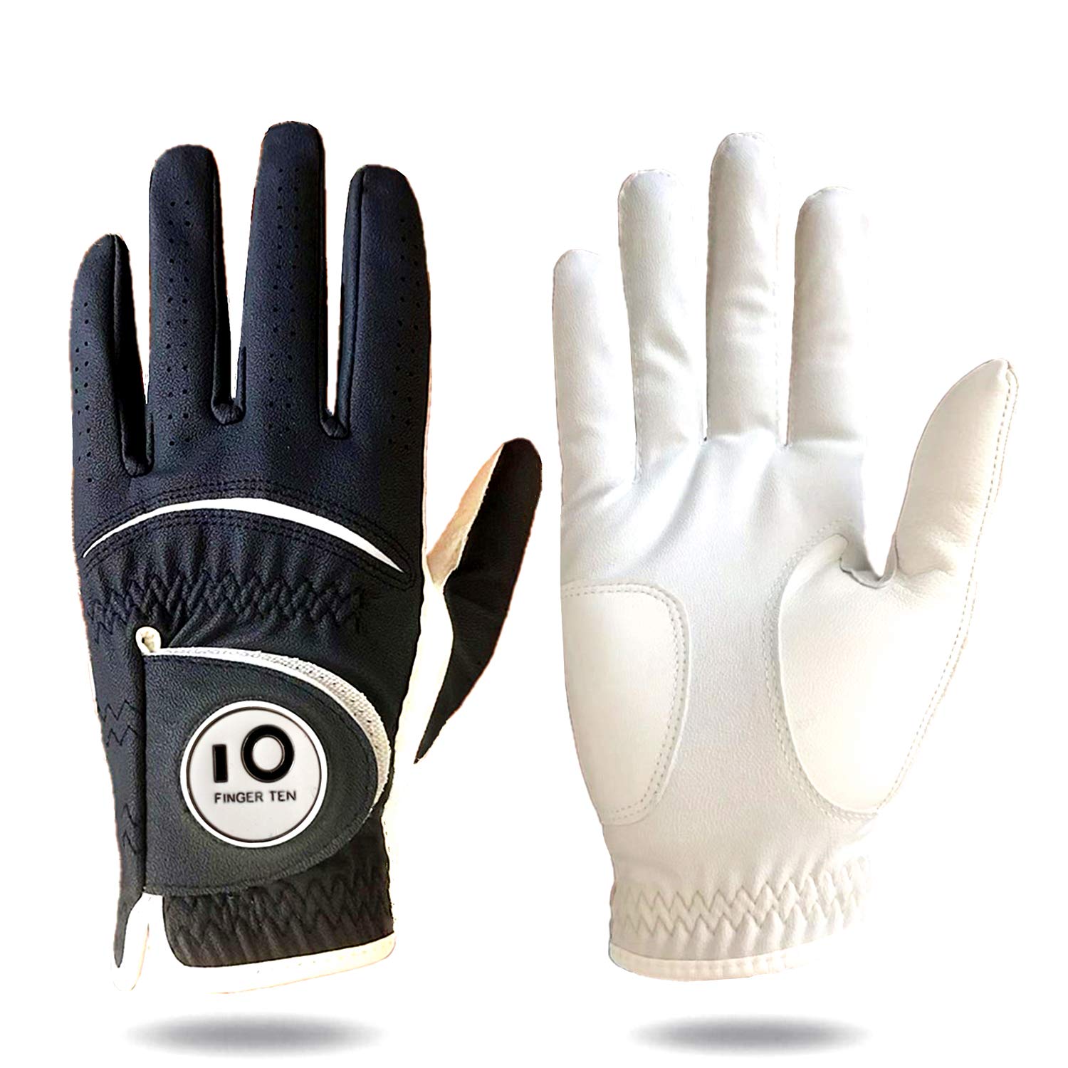 FINGER TEN Golf Gloves Men Left Hand Right Leather with Ball Marker Color Pack, Mens Golf Glove All Weather Grip, Fit Size Small Medium ML Large XL