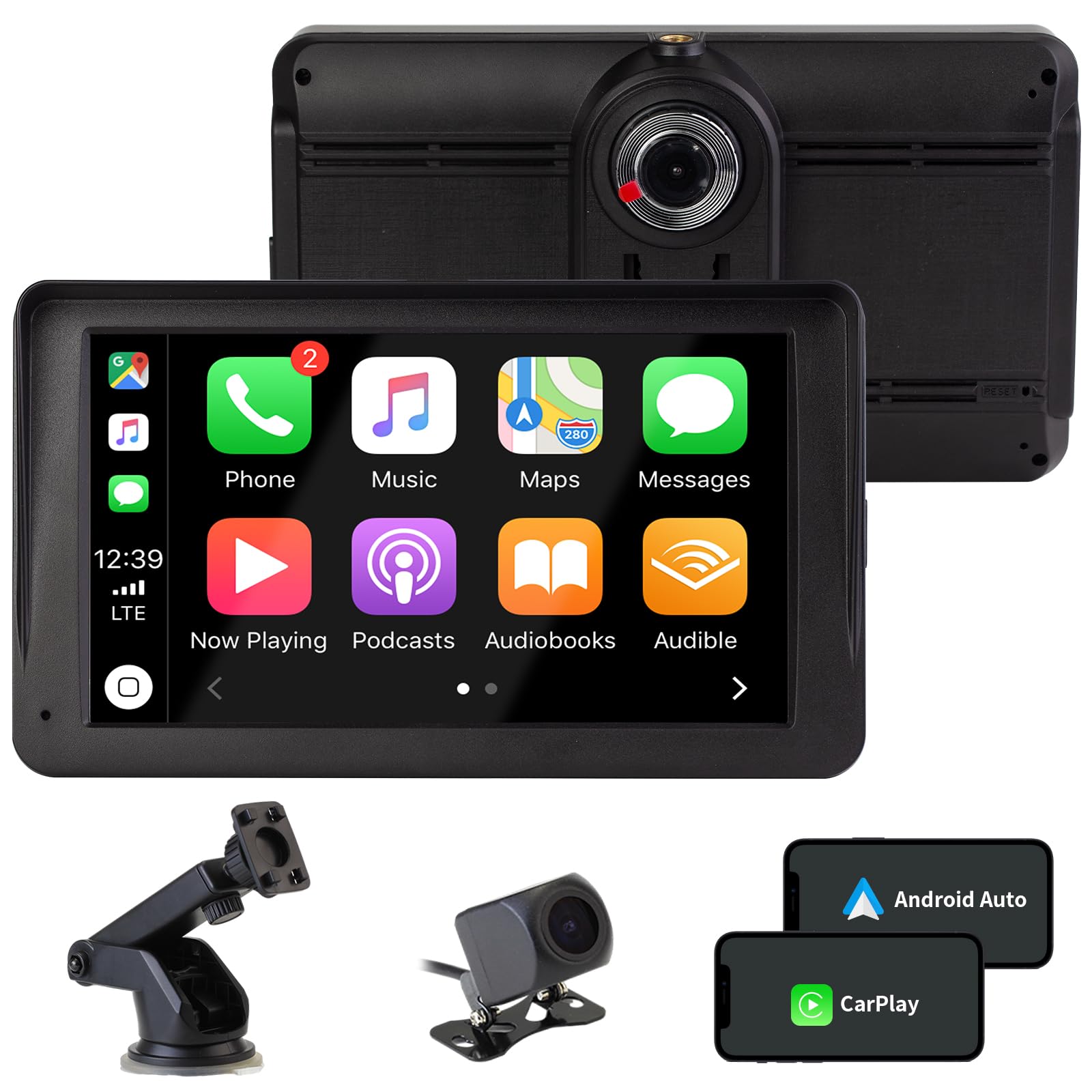 Bezprzewodowy CarPlay i Android Auto, 7-calowy Wyświetlacz Carplay z Kamerą Przednią 2K, Kamera Cofania 1080P, Bluetooth, Mirror Link, FM, AUX, Karta TF