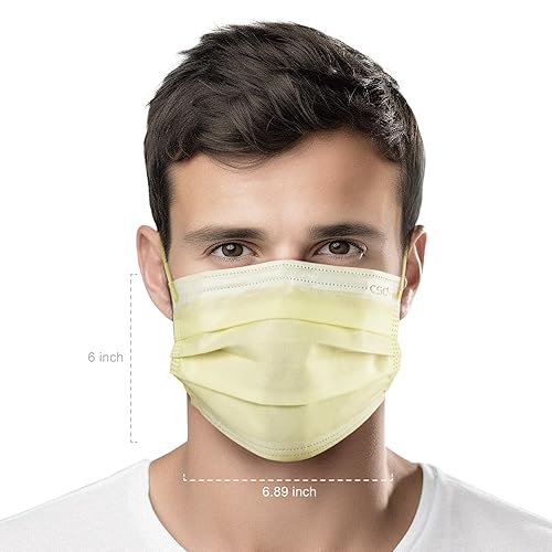 Miniatura 8 de CSD Colo - 30 máscaras faciales desechables amarillas, 3 capas para adultos con cinta elástica para las orejas, clip para puente nasal, máscara