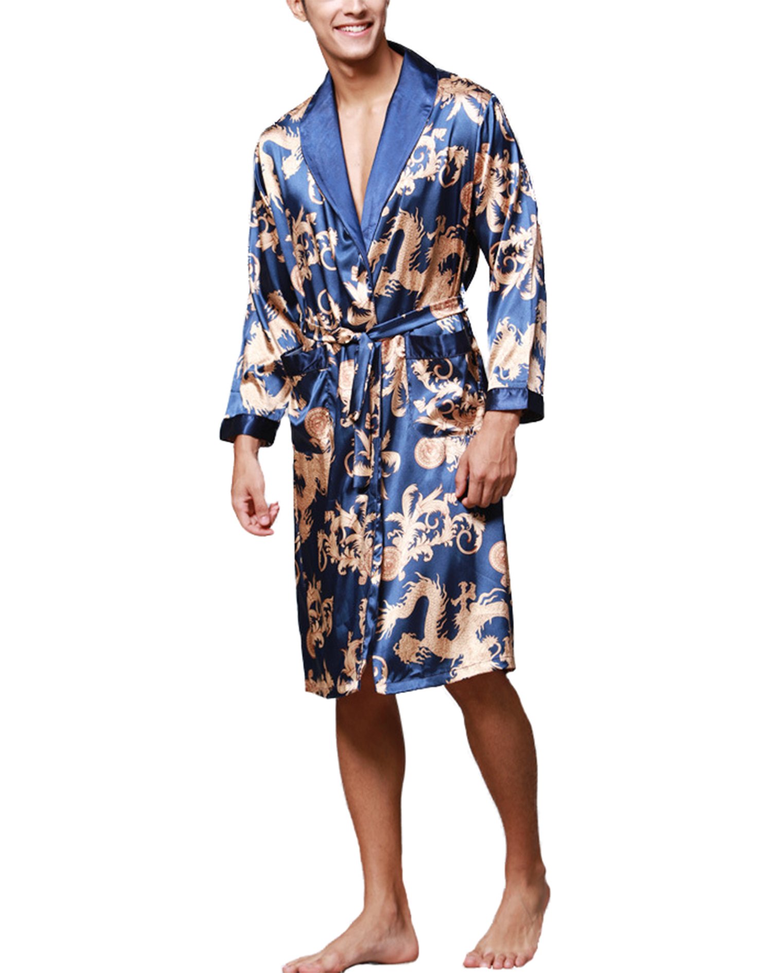 Asskyus Men’s Lightweight Satin Sleep Robe Kimono Gown, Bathrobe for Men Long Style