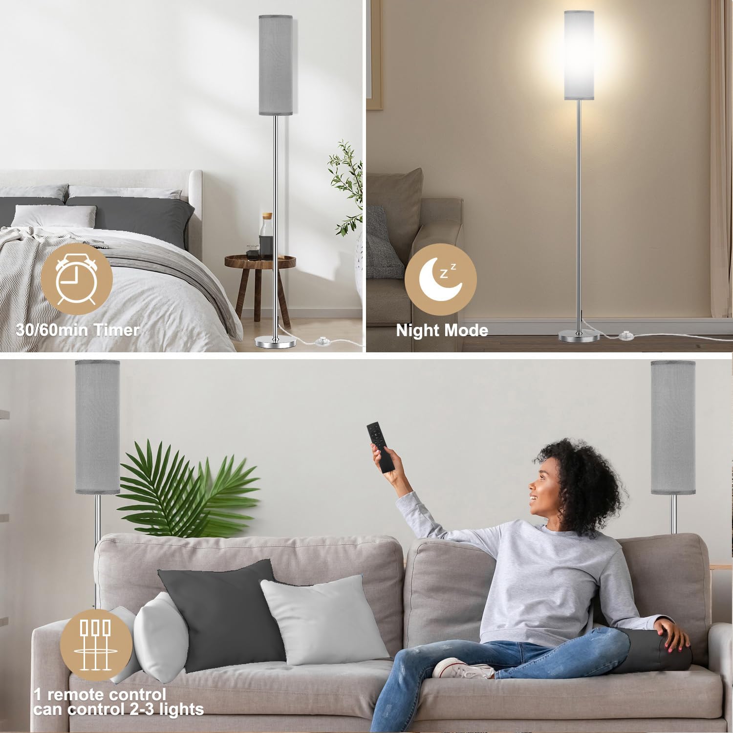 Qaubauyt Floor Lamp for Living Room Bedroom,Modern LED Floor Lamp with Remote Control and Stepless Dimmable,Standing Lamps Tall Lamp (Brushed Nickel & Grey(12W Bulb)