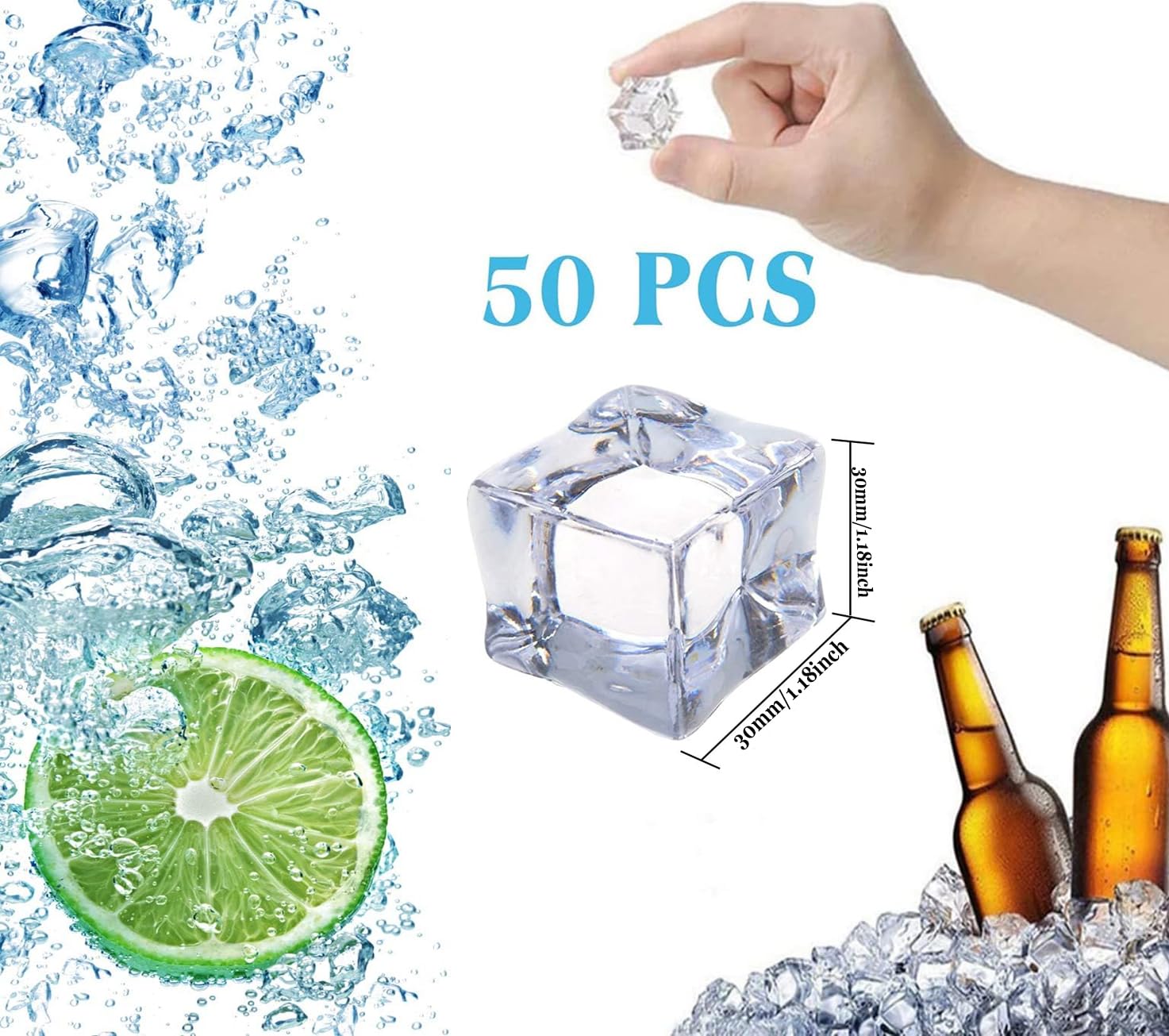 50 Pz XL Cubetti di Ghiaccio Acrilico, Riutilizzabili, da 30mm, Cubetti Finto Artificiale Trasparenti Quadrata per Decorazione Domestica e Matrimoni