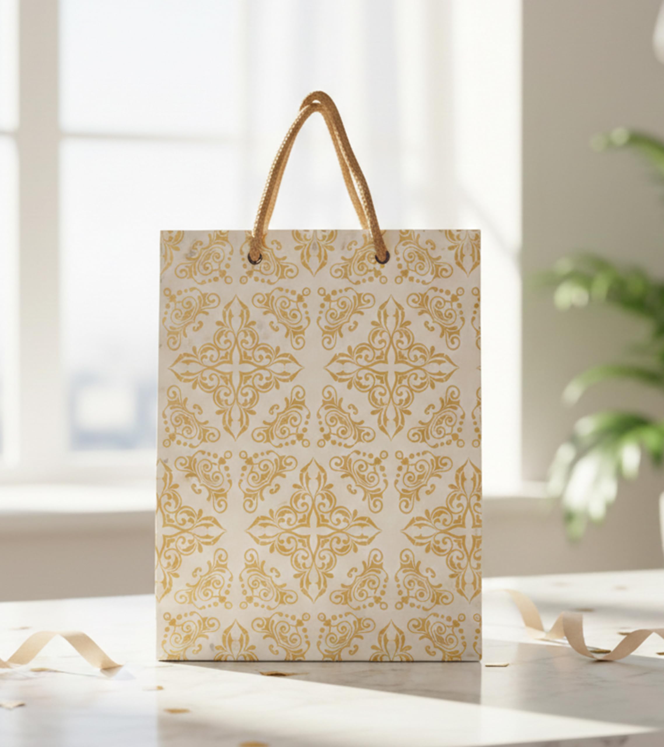 KOSY Pack Of 10 Gift Carry Bag | Eco-Friendly Recycle Paper Bag For Gifting | Sturdy & Versatile Paper Bag For Shopping | Medium Gift Bag 29x7.5x22 CM | Carry Bag For Gifting Golden Print Design-image-0