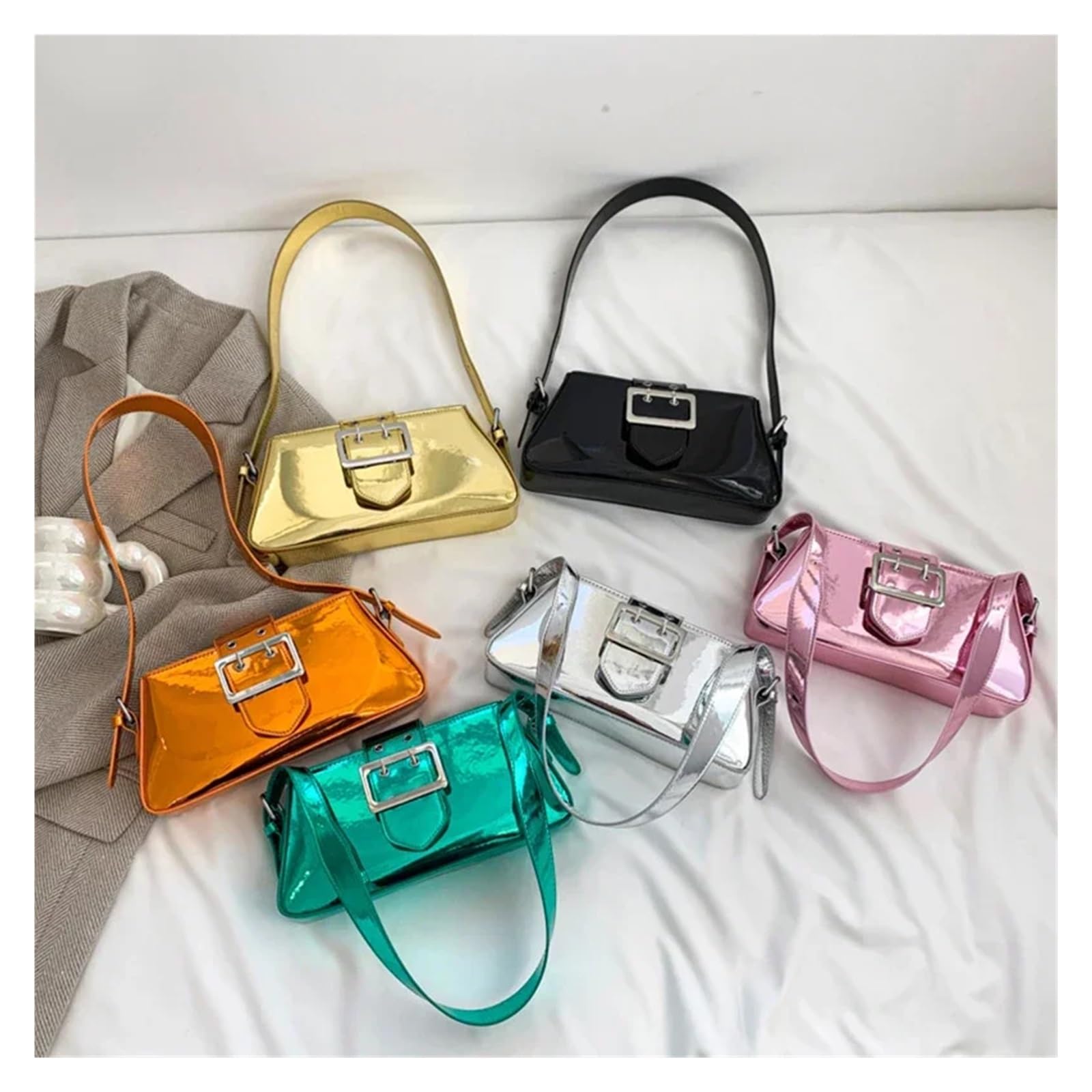 Bolso Bandolera Mujer Bolsos de mujer, diseño de bolso de hombro, bolso de piel brillante, bolso de fiesta, bolso de charol plateado