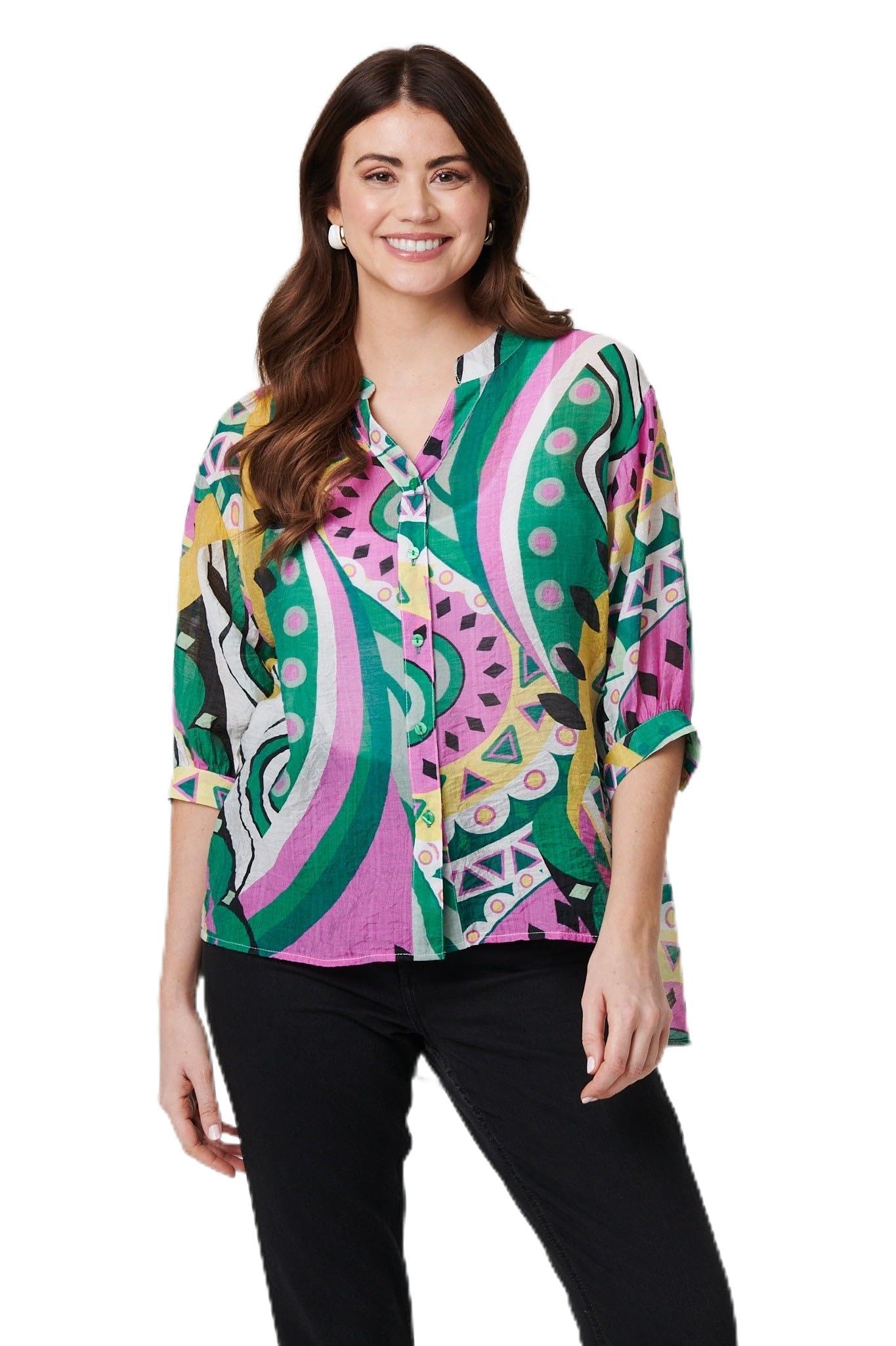 Izabel London Women's Multi Green Abstract Print 3/4 Sleeve Relaxed Shirt For Uk With A V-Neck And A Thigh Length Curved Hem.