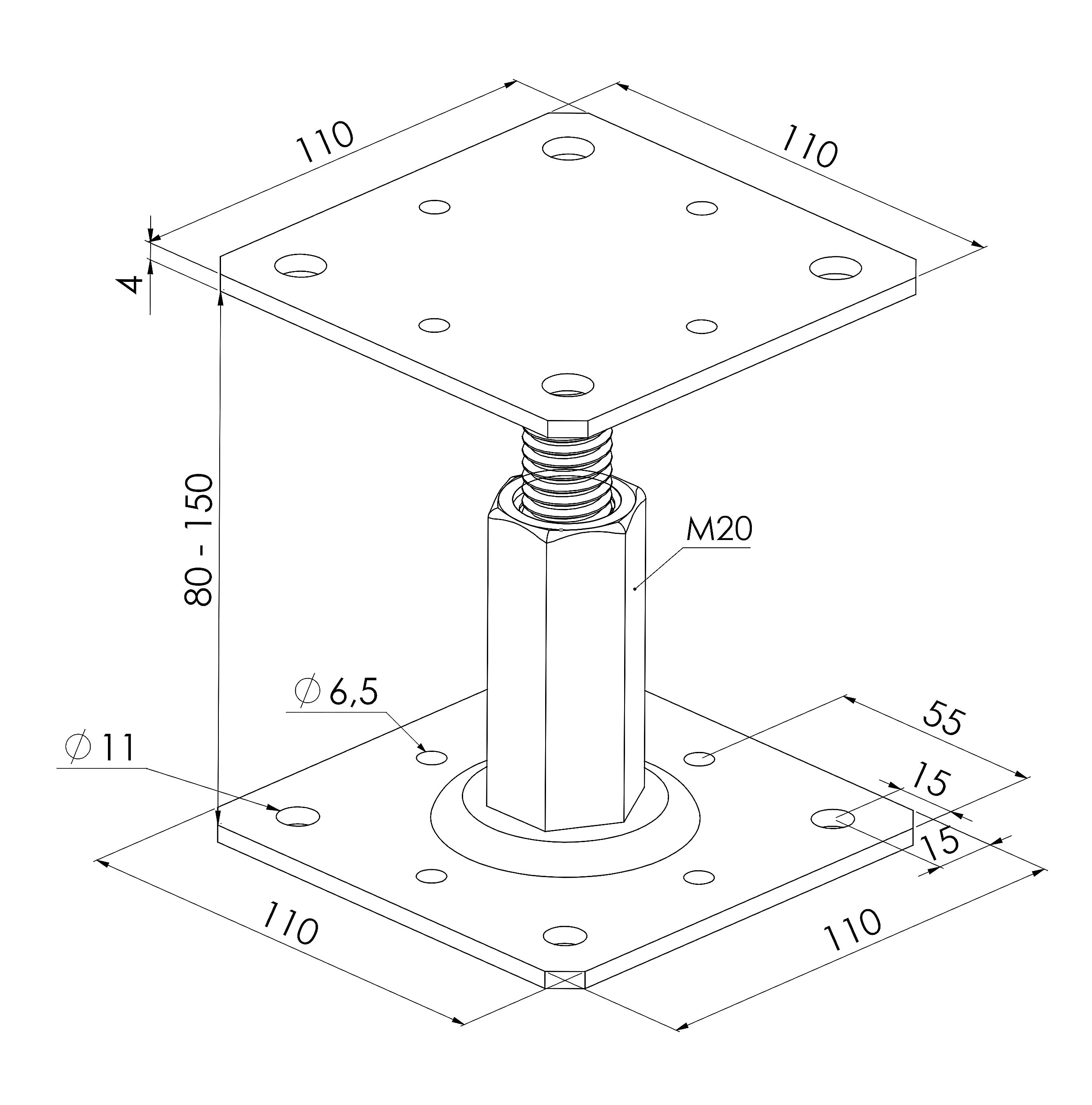 TRIBECCO Support de poteau 110 x 110 cm pour poteaux en bois carrés, support réglable en hauteur de 8 à 15 cm, en acier galvanisé à chaud de 4 mm, à cheviller, pour poteaux, escaliers, scènes