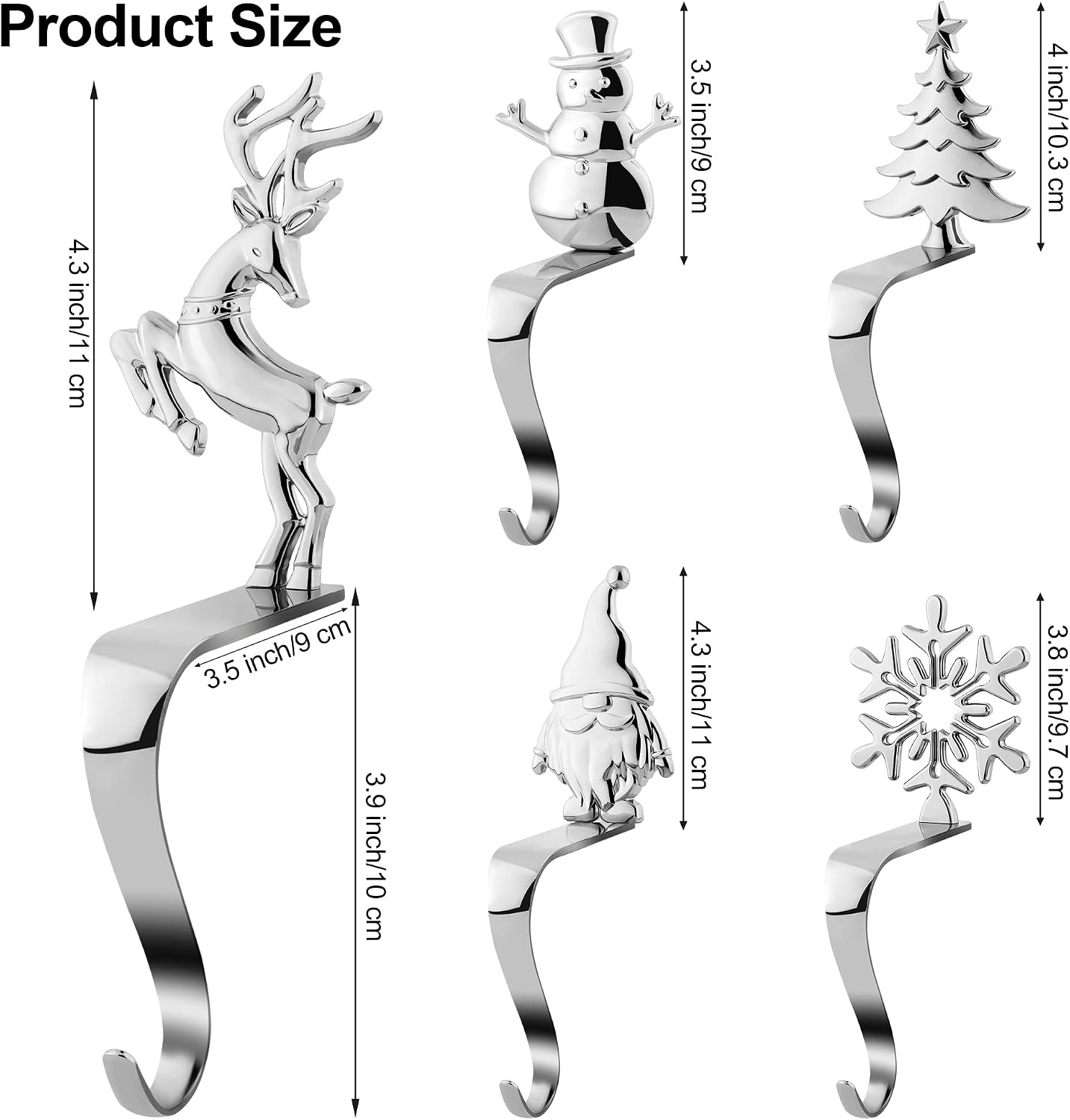 URATOT Christmas Stocking Holders Non-Slip Metal Stocking Hooks Mantel Stocking Holders Hanger in 5 Designs for Christmas Decoration, Silver, Set of 5