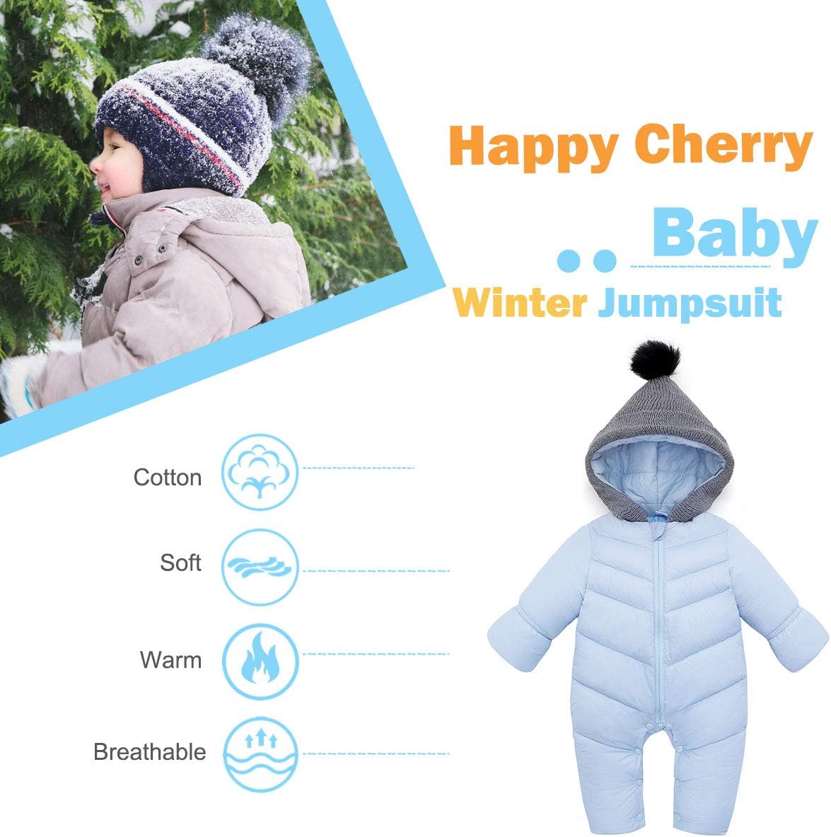 Happy Cherry Unisex Baby Snowsuit Hooded Down Winter Clothes Infant Warm Zipper One Piece Puffer Romper