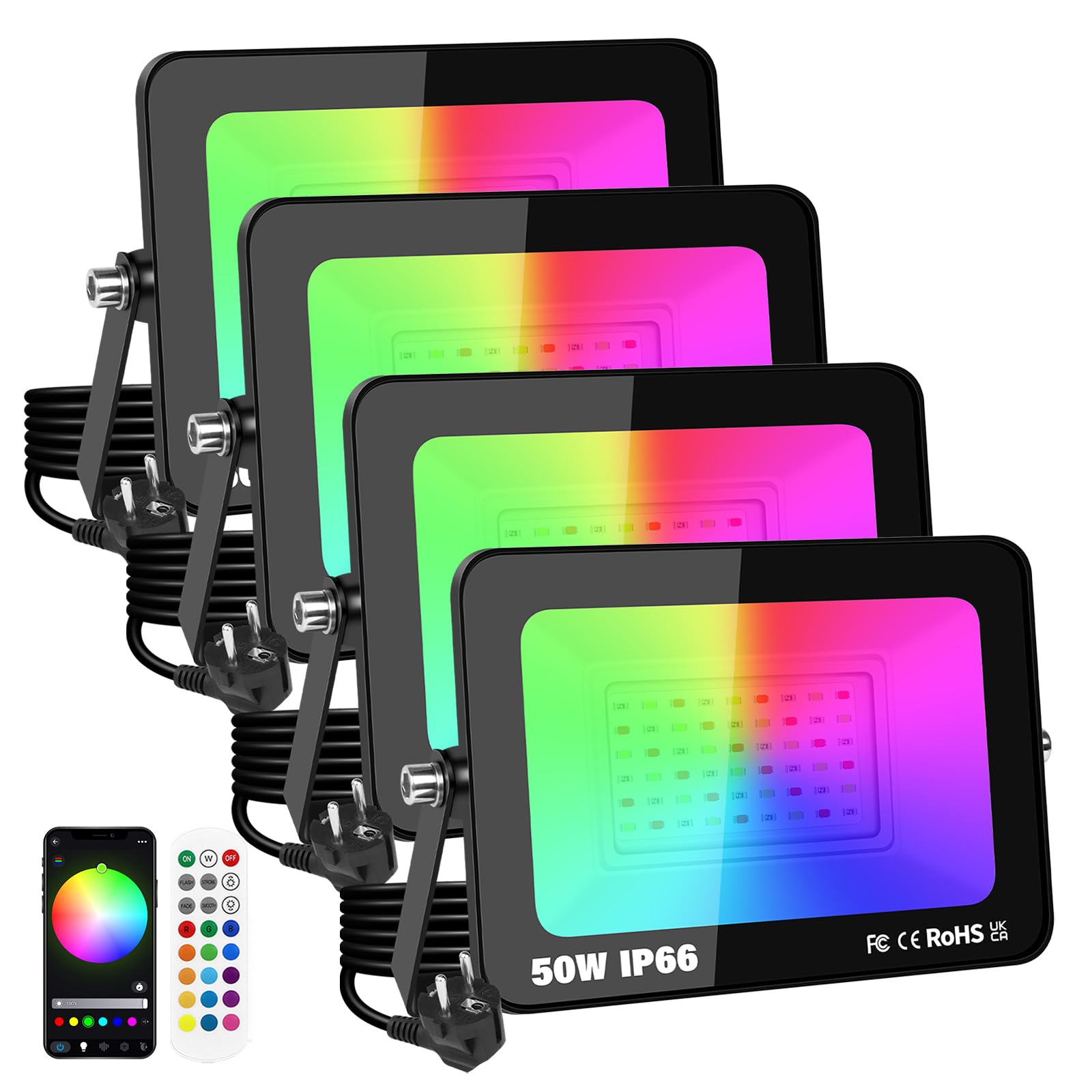 4Pcs 50W 5000LM Foco LED RGB inteligente exteriores con enchufe | Regulable, 16 millones colores, control por aplicación y mando a distancia, resistente al agua IP66, para jardín, patio