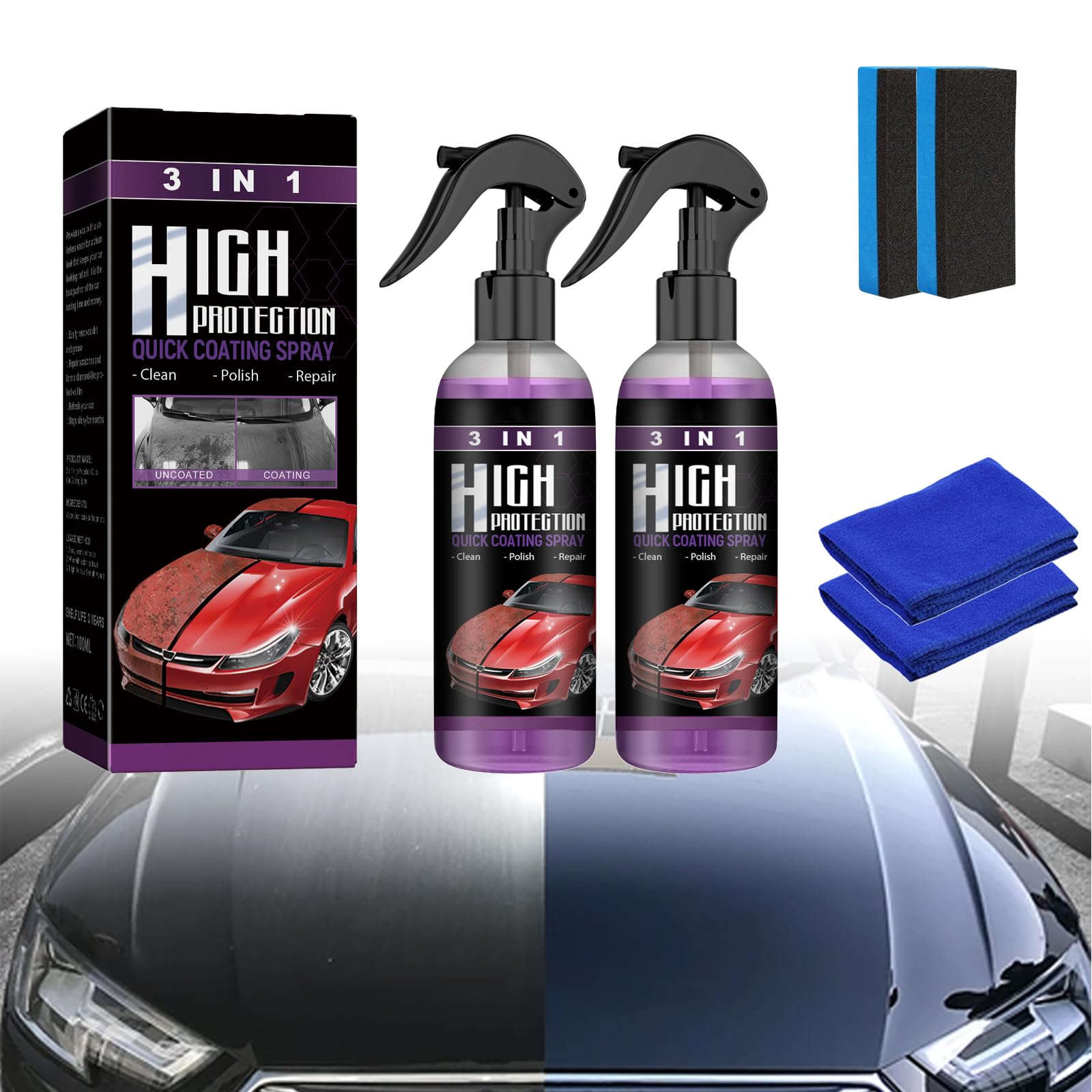 BNGXR 3 in 1 High Protection Quick Car Coating Spray, 2024 Upgrade 3 in 1 Ceramic Shiner Car Coating Cleaning Spray, Waterless Wash Car Wax Polish Spray Anti Scratch Polish Nano Cleaner (2, 30ml Set)