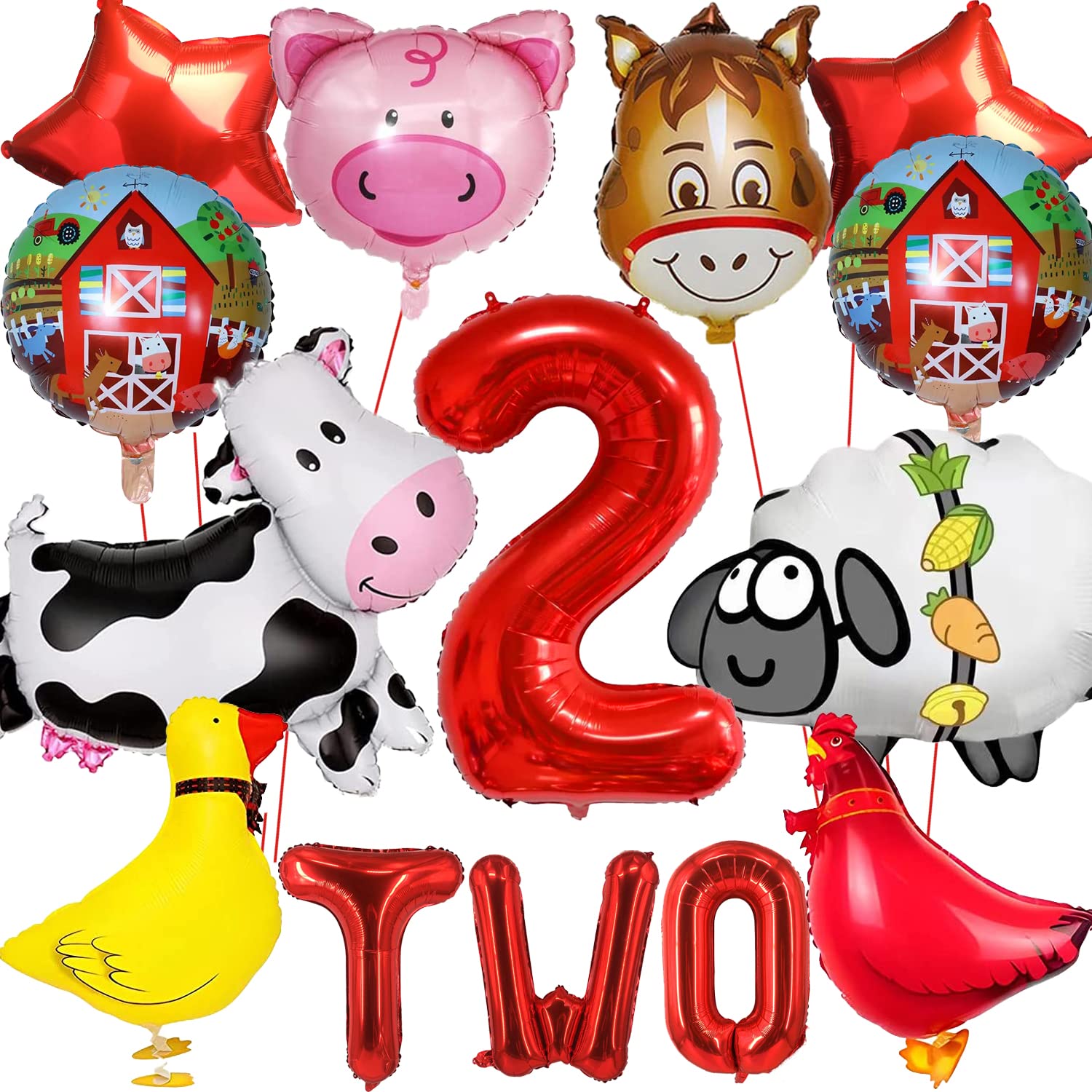14 PCS Farm Animal Balloons Cow Sheep Duck Rooster Pig Donkey Balloons Barnyard Balloon Supplies with Large Number 2 Foil Balloon for Farm Animal