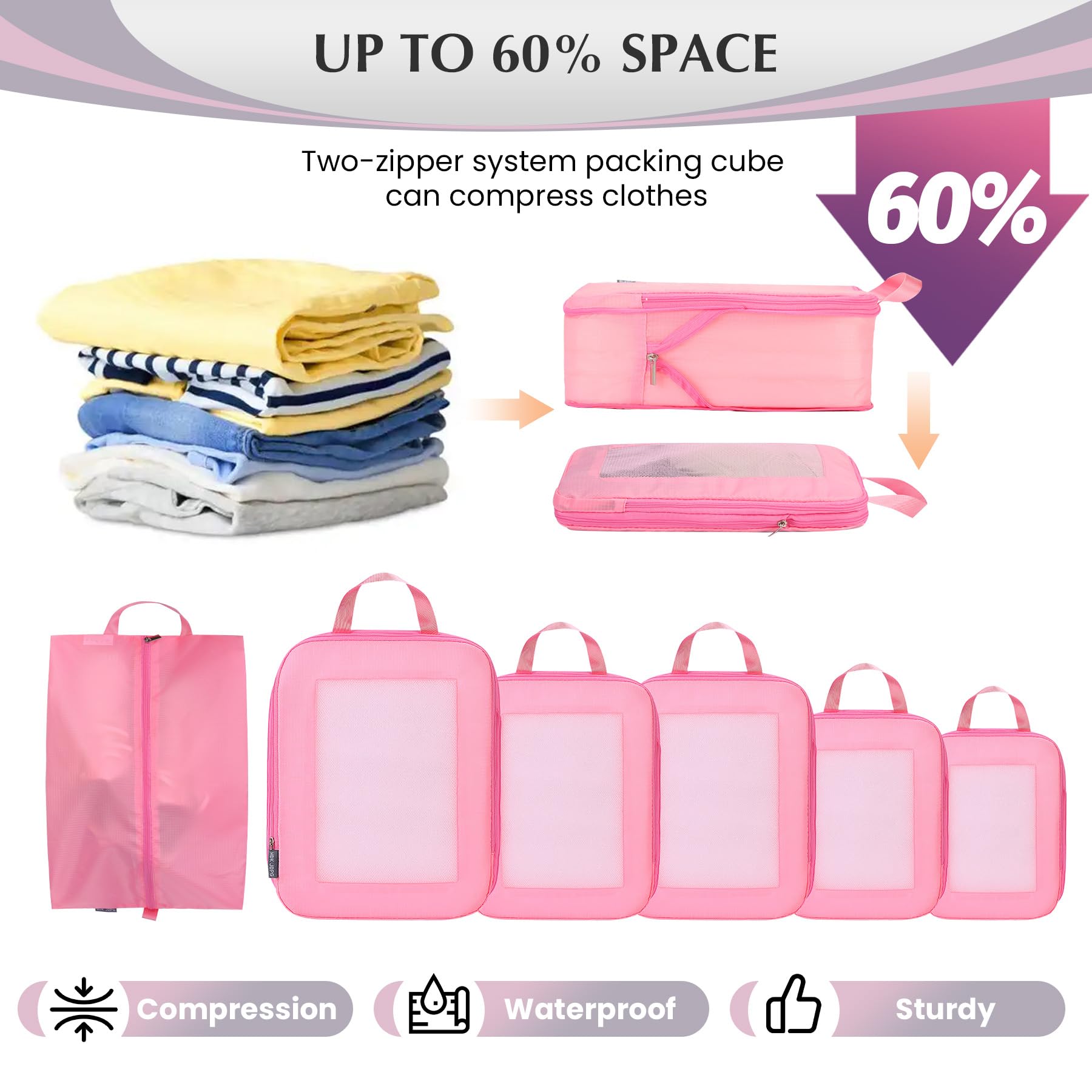 Ultraleichte Kompressions-Verpackungswürfel für Koffer, Handgepäck, komprimierbare Netz-Verpackungswürfel für Reisen, Damen, Reiseutensilien, mit Schuhbeutel, 6er-Set, Rosa