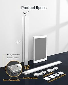 SUPERDANNY 16 Inch Under Cabinet Lights, Hand Wave Sensor 65 LED Under Cabinet Lighting, Upgraded Rechargeable 3000mAh Battery Cordless Under Counter Lights for Kitchen, Closet, Workbench, 2/Pack