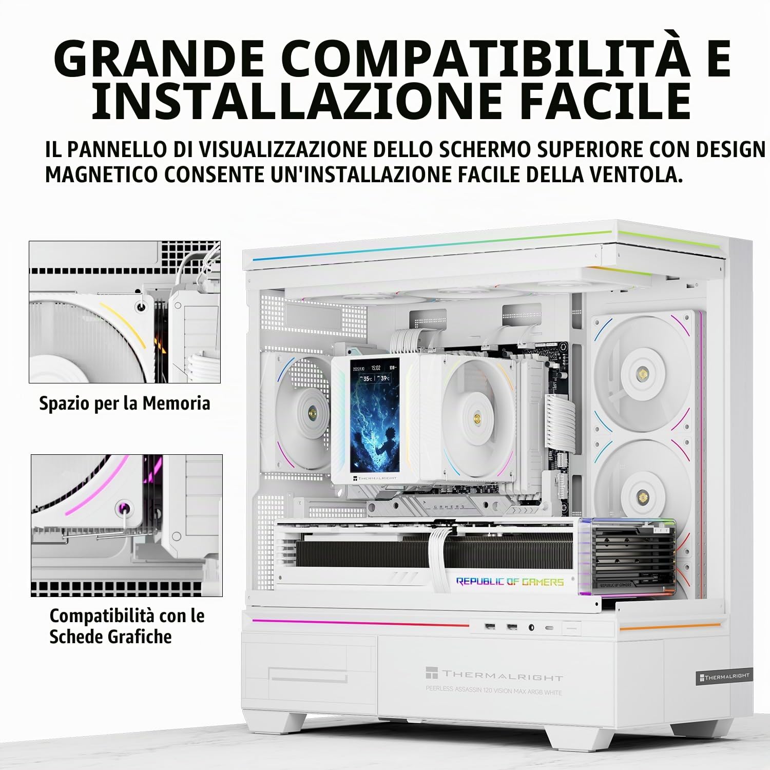 Thermalright Peerless Assassin 120 VISION MAX ARGB Bianco 6 conduttori di calore, display magnetico da 5", risoluzione 480 x 854 per AM4/AM5 e Intel LGA1700/1851