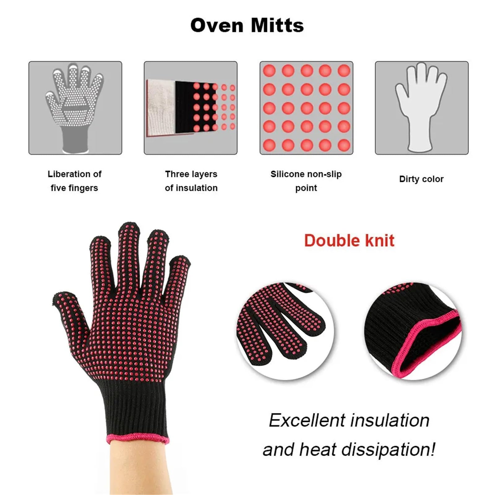 Gants de Gril résistants à la Chaleur, Gants de Four antidérapants en Coton Polyester résistant à la Chaleur, Combinaison for la Cuisson, Le Barbecue, la friteuse, la Cuisine pour Grillades(Red)