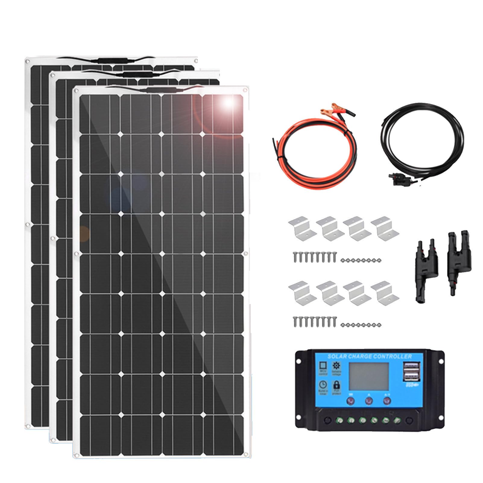 Kit pannello solare, 1000 W totali, 5 moduli monocristallini flessibili per la ricarica di batterie da 12 V in camper, barche, tende, auto e rimorchi
