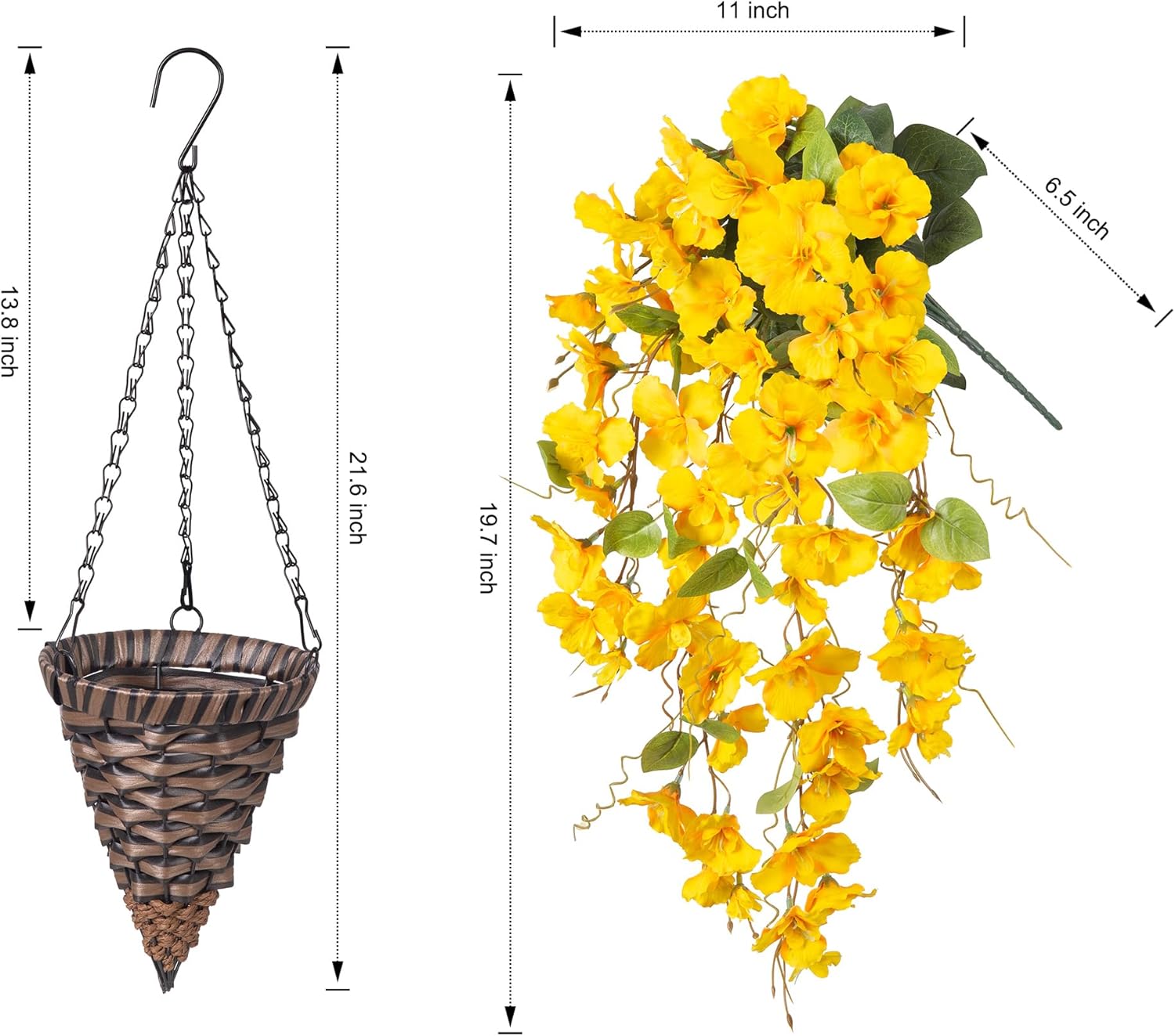 HyeFlora Artificial Hanging Flower Baskets for Spring Decoration, Outdoor Fake Plant Faux Silk Hibiscus Long Vines in Planter UV Resistant Realistic Flowers for Outside Porch Patio Home Decor, Yellow
