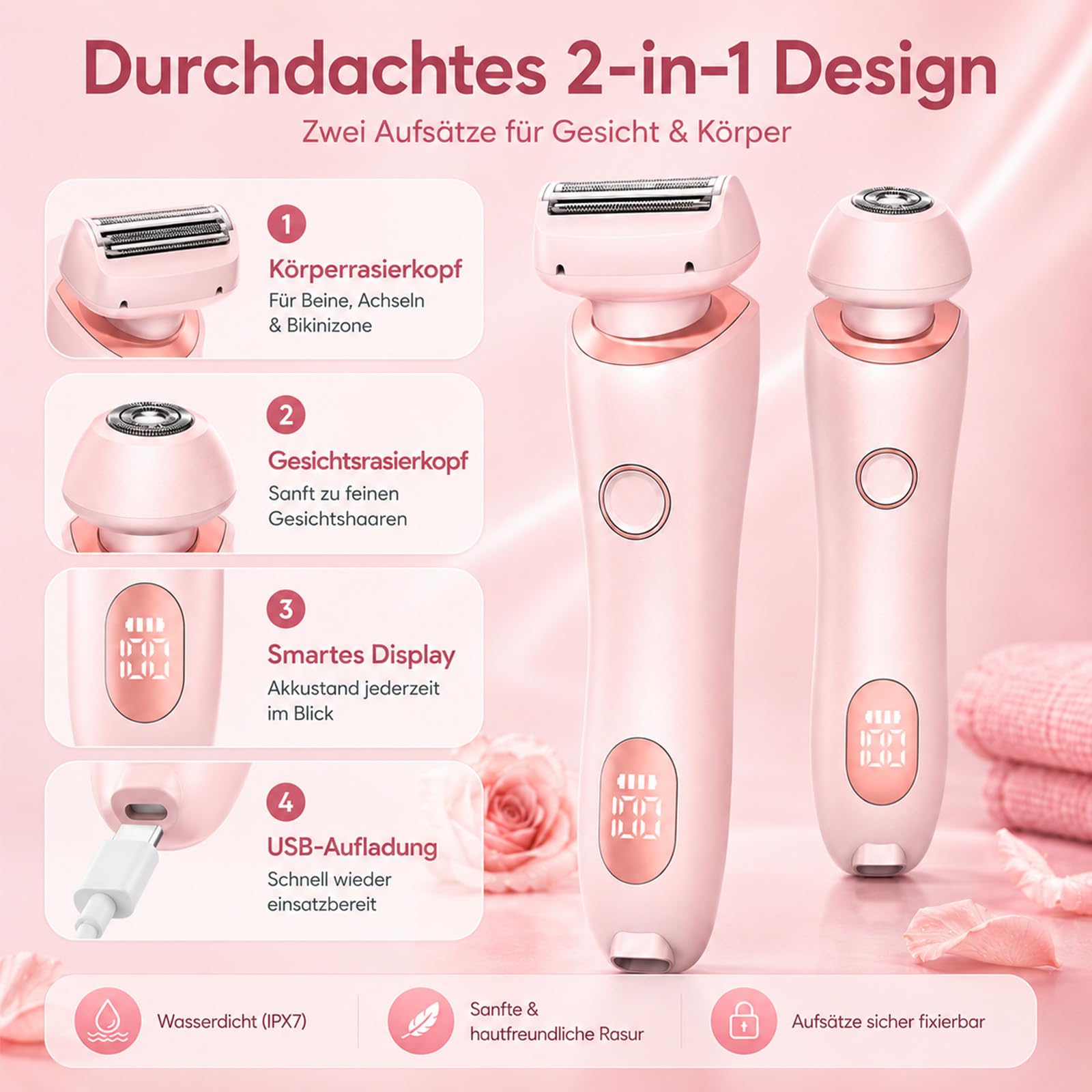 Boulina Rasierer 2.0, Aluvea Smooth Trim, Sanfte Haarentfernung, Ergonomisches Design, Trocken & Nassbetrieb (Rosa)