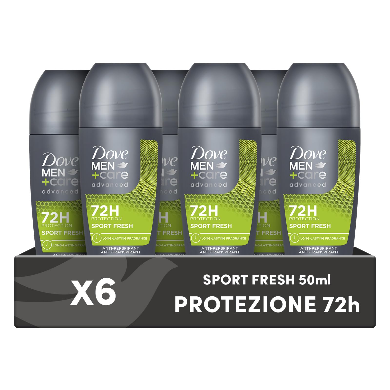 Dove Men+Care Deodorante Roll On Advanced Care Sport Fresh, Deodorante Uomo Antitraspirante Senza Alcol, con 1/4 di Crema Idratante, Protezione Fino a 72 Ore, 6 Pezzi da 50 ml