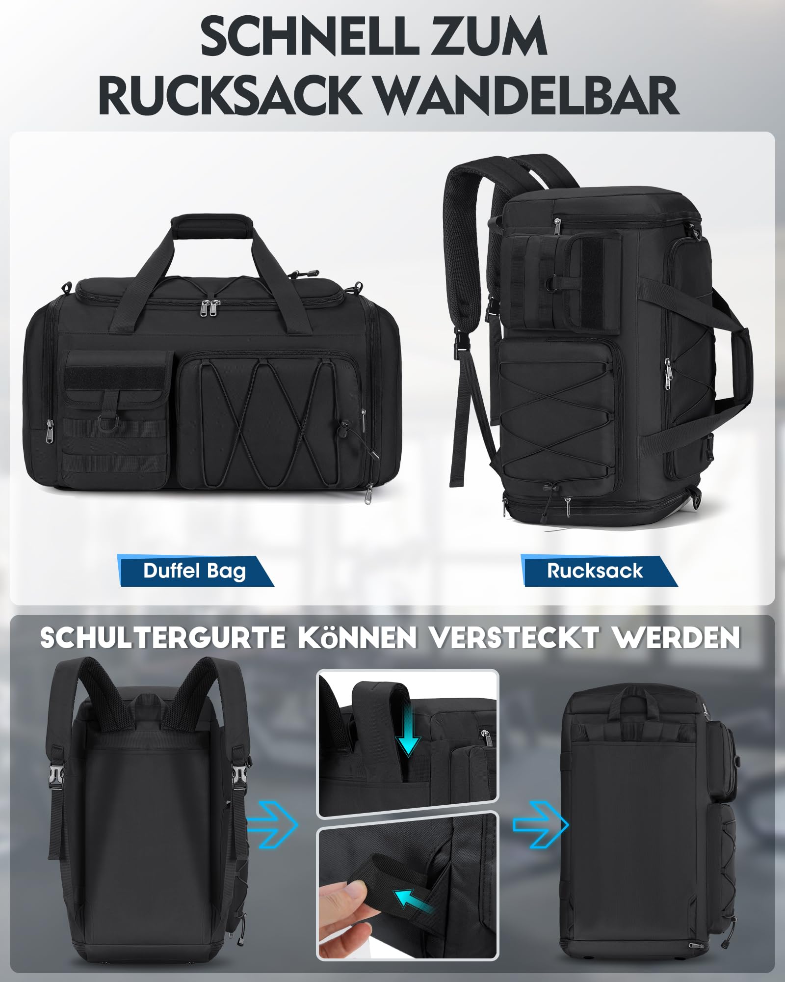 RAINSMORE 45L Sporttasche Herren Damen, 3-IN-1 Reisetasche mit Schuhfach Nassfach, Wasserdicht Gym Duffle Bag Trainingstasche für Outdoor, Fitness, Reisen Schwarz
