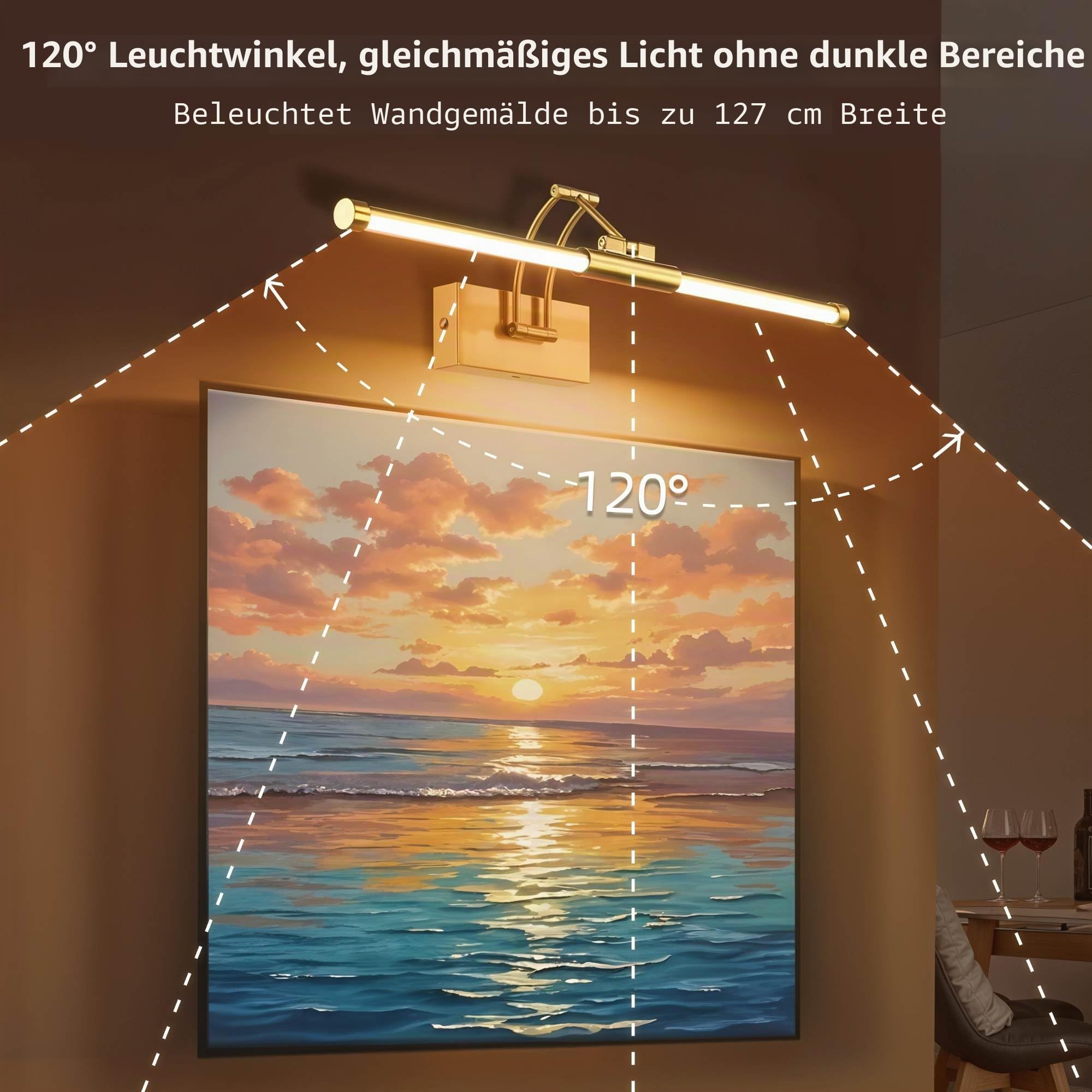 Bildbeleuchtung Kabellos, 8000mAh Akku Bilderleuchte 60cm Gold | LED Wandleuchte Innen mit Fernbedienung, Dimmbar 3 Farbtemperaturen & Timer, Bilderlampe für Gemälde, Foto, Dart Beleuchtung