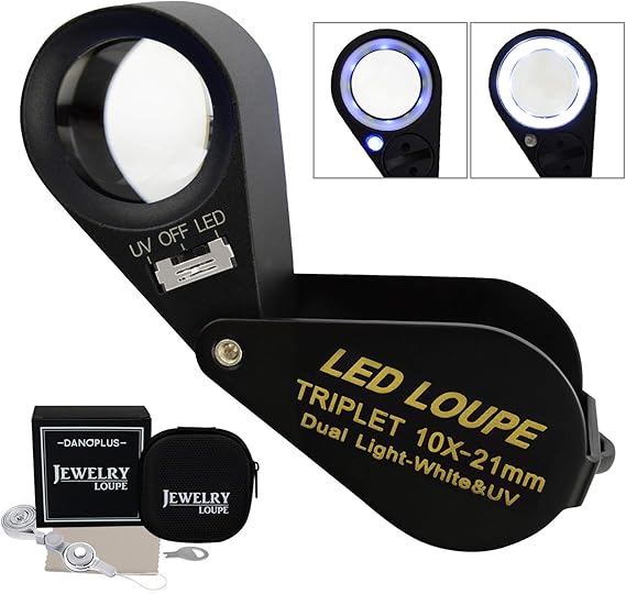 DANOPLUS 10x Loupe Bijoux Loupe LED UV Lumière 21mm Triolet Lentille Optique Verre Poche Gemme