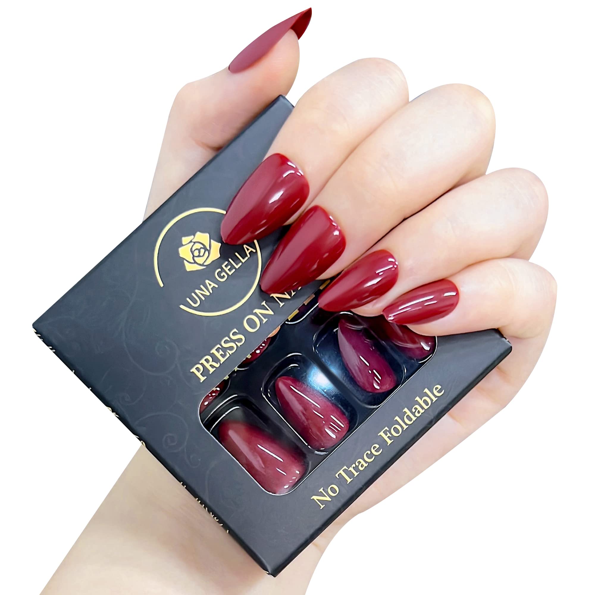 UNA GELLA Short Press On Nails - Red Short Almond Nails 丨Acrylic Long Lasting Reusable Fit Perferctly For Women and Girls 丨12 Sizes 24 Pcs Gel Jelly Color Tips with Elegant Box