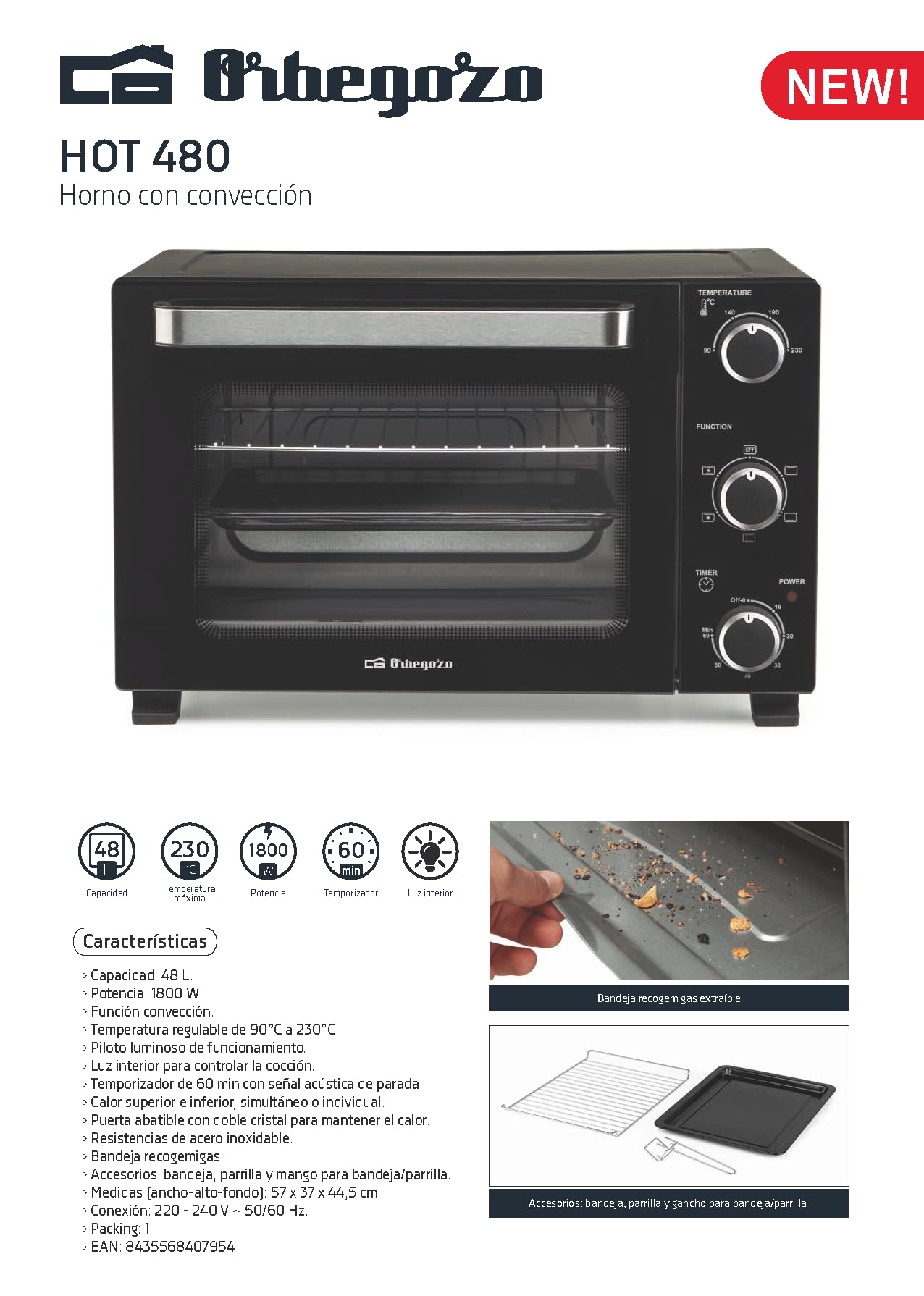 Orbegozo HOT 480 Horno Eléctrico de Convección 1800W Capacidad 48L Temperatura Regulable Luz Interior Temporizador 60 min Doble Cristal Resistencias Acero Inoxidable Bandeja y Parrilla