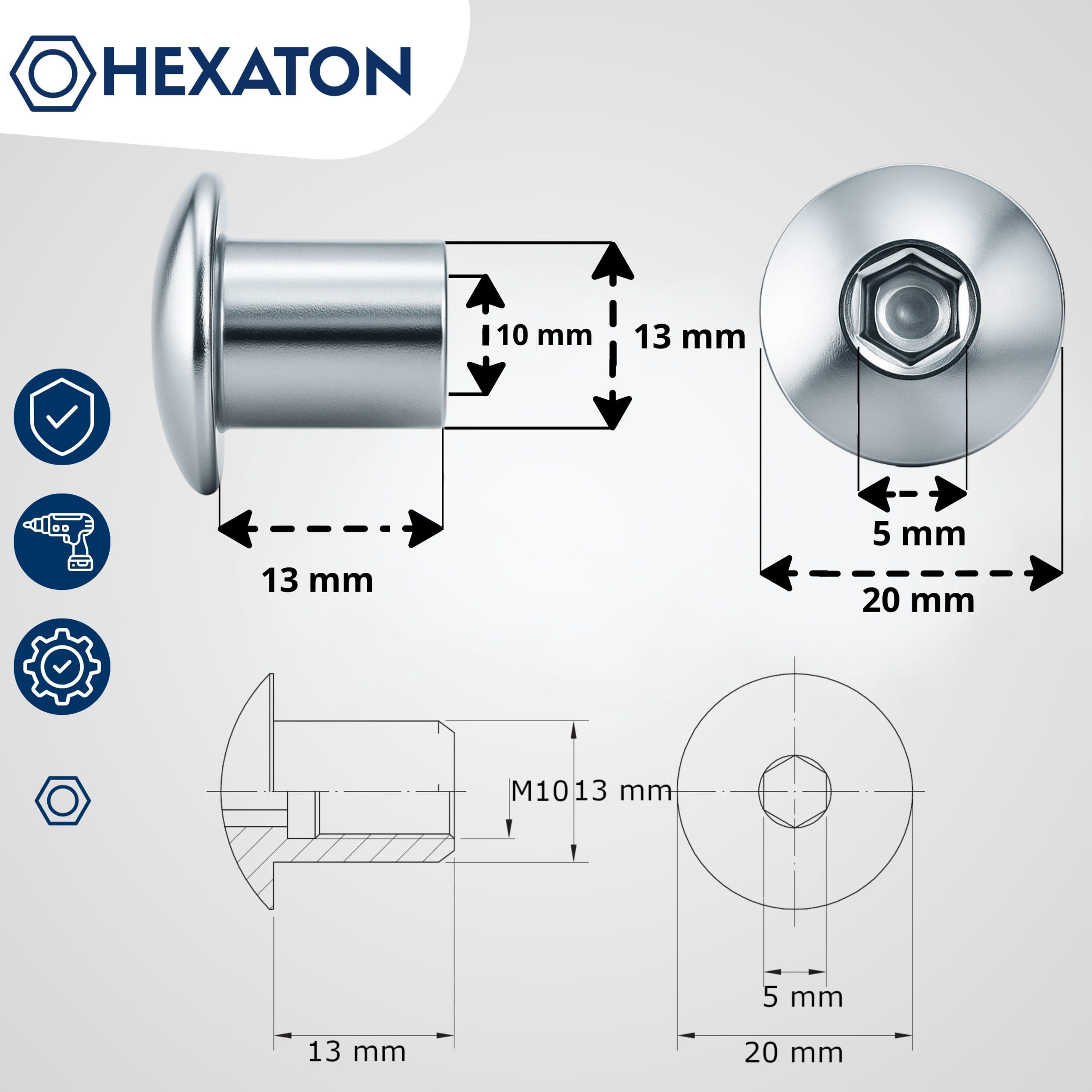 HEXATON Dadi a Manicotto M10 x 20 x 13 mm - 100 Pezzi - Dadi Esagonali per Mobili a Testa Tonda con Flangia e Cava Esagonale - Acciaio Zincato