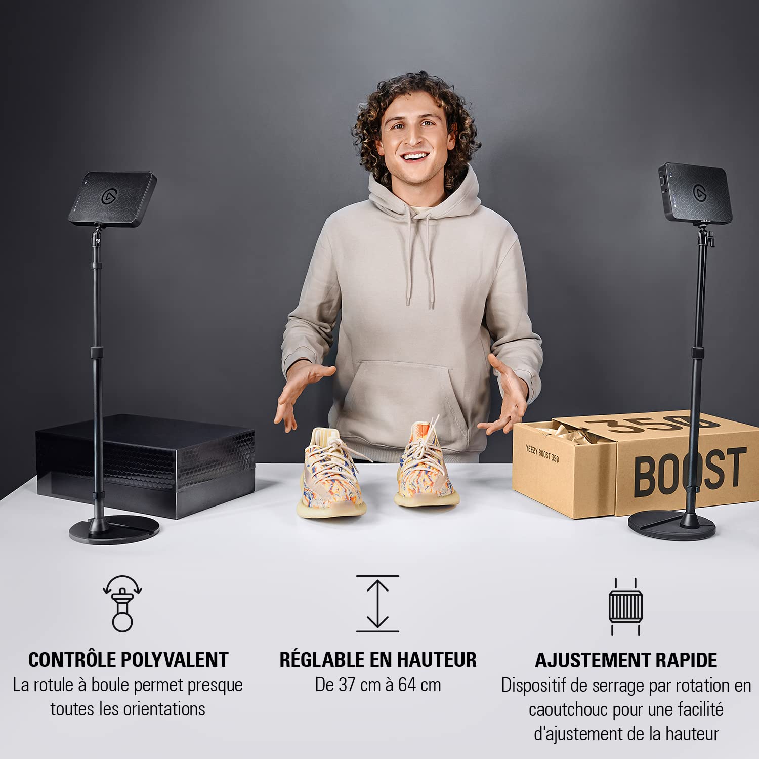 Elgato Mini Mount – Support de bureau polyvalent extensible à 64 cm, entièrement réglable, support de téléphone à sabot, emplacement pour appareil et filetage 1/4" pour caméra, éclairage, micro, etc.