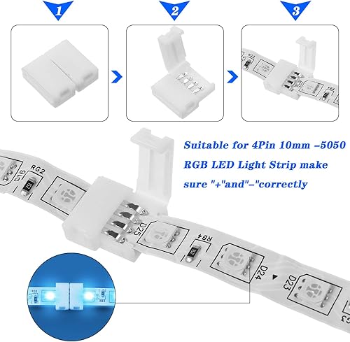 Miniatura 7 de Mudder Kit completo de 30 conectores de tira LED RGB de 4 pines de 0.394 pulgadas, extensión de adaptador sin soldadura compatible con tira LED SMD