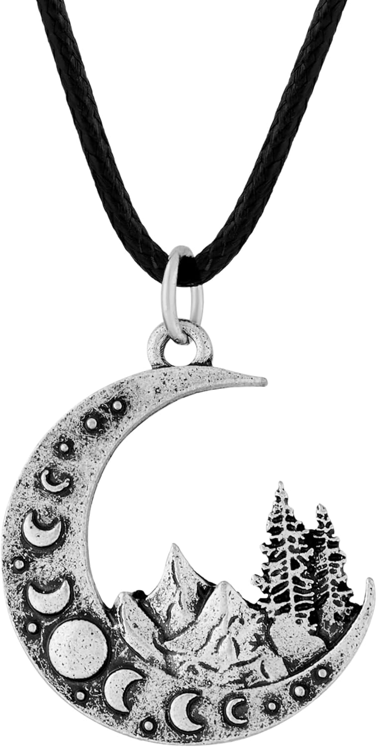 HAQUIL Moon Phase Necklace Necklace, Crescent Moon Mountain Pendant, Faux Leather Cord, Jewelry Gift for Men and Women