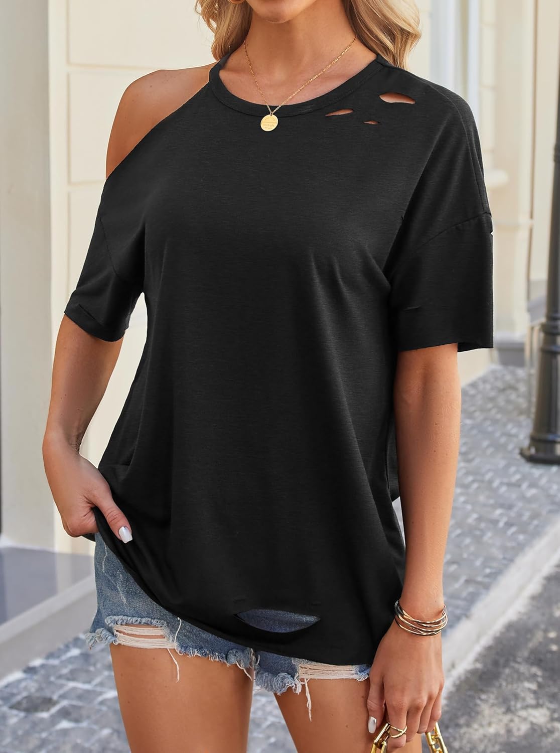 Remidoo Distressed Tshirt Women Short Sleeve Ripped Shirt Off Shoulder Tops Oversized Tee - Image 3