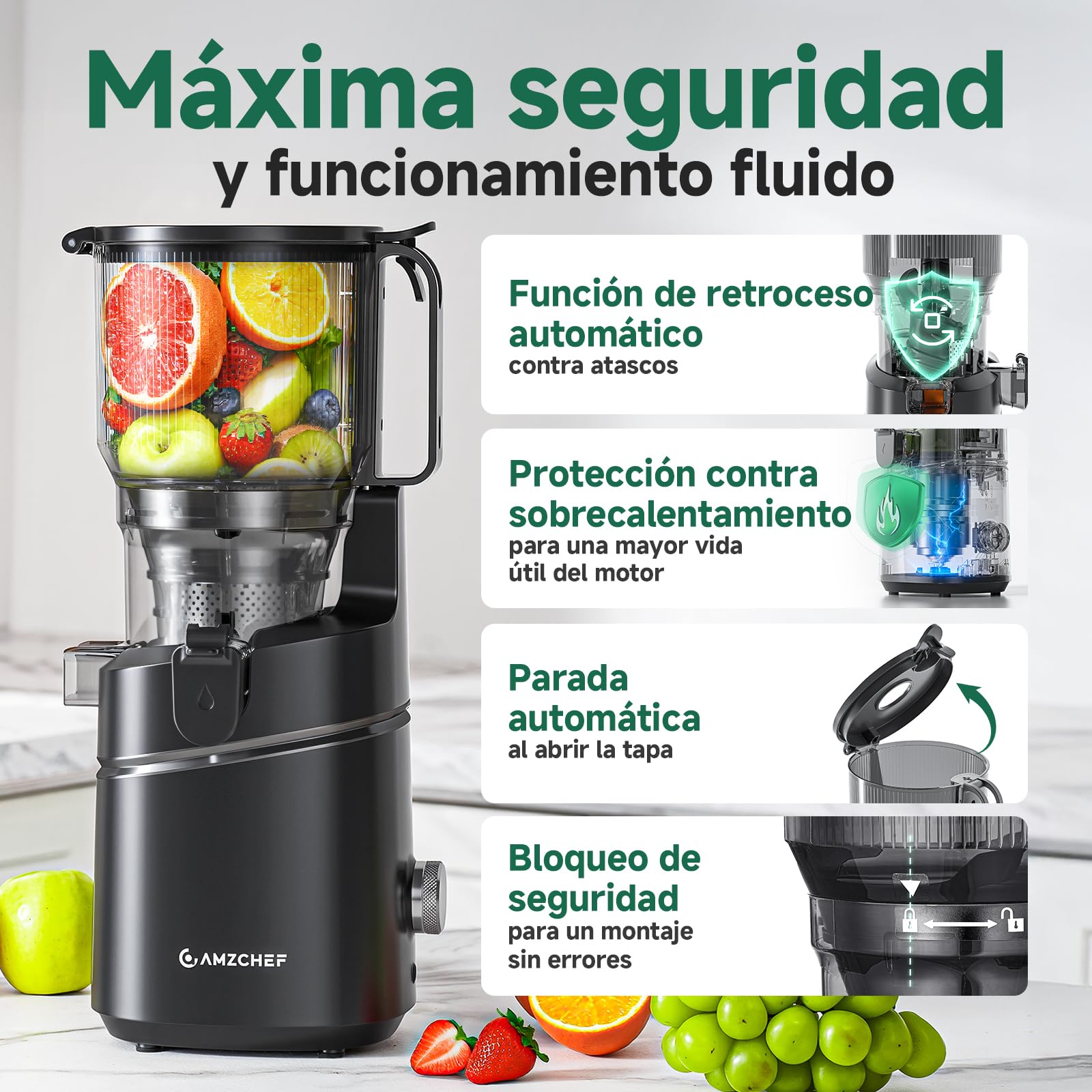 AMZCHEF Extractor de Zumo Automático Multifuncional de 250W, 150MM de Apertura, Exprimidor de Frutas y Verduras de 2 Litros con Triple Filtro - Negro