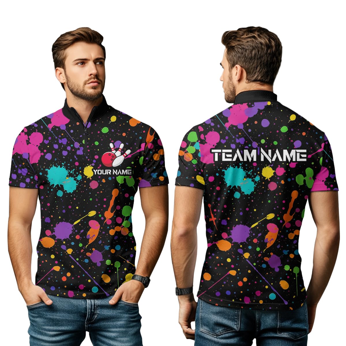 PIONAMZIOZ Colorful Watercolor Bowling Shirt for Men Women Custom Team Bowling Jerseys Bowling Polo Shirts & Quarter Zip (US, Alpha, Small, 5X-Large, Regular, Regular, Men Quarter Zip)