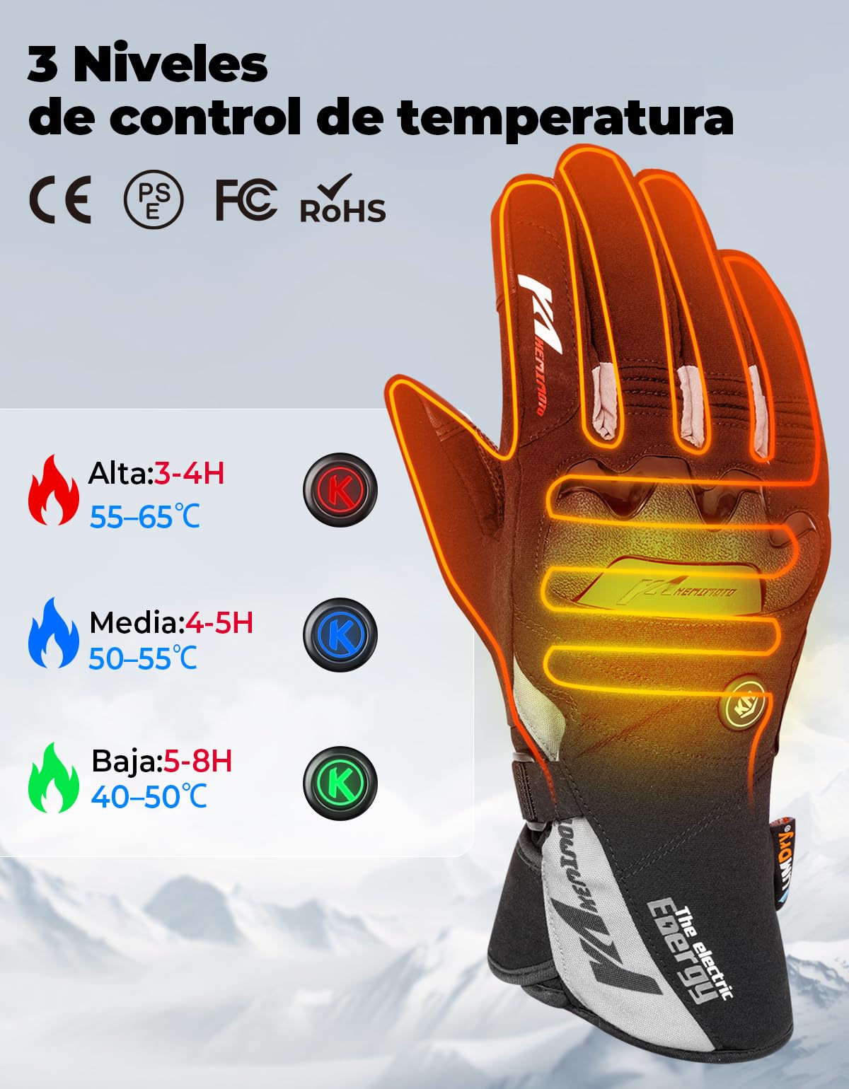 KEMIMOTO Guantes Calefactables, Guantes Moto Térmicos con Batería 2500 mAh, Guantes Moto Invierno Hombre y Mujer, Resistente al Desgaste para Moto, Esquí, Actividades Hielo Nieve