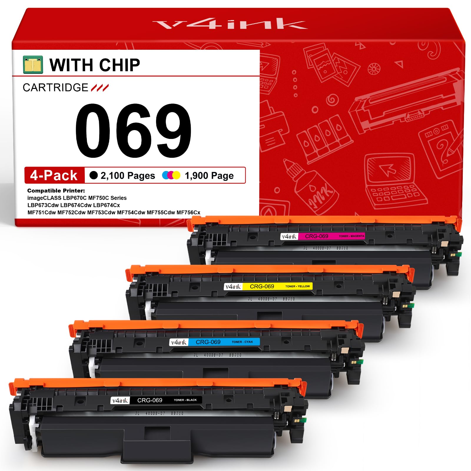 v4ink 069 069H Toner Cartridge Compatible Replacement for Canon 069 Toner Cartridge Set for use with Canon imageCLASS LBP670C MF756Cx MF750C Series